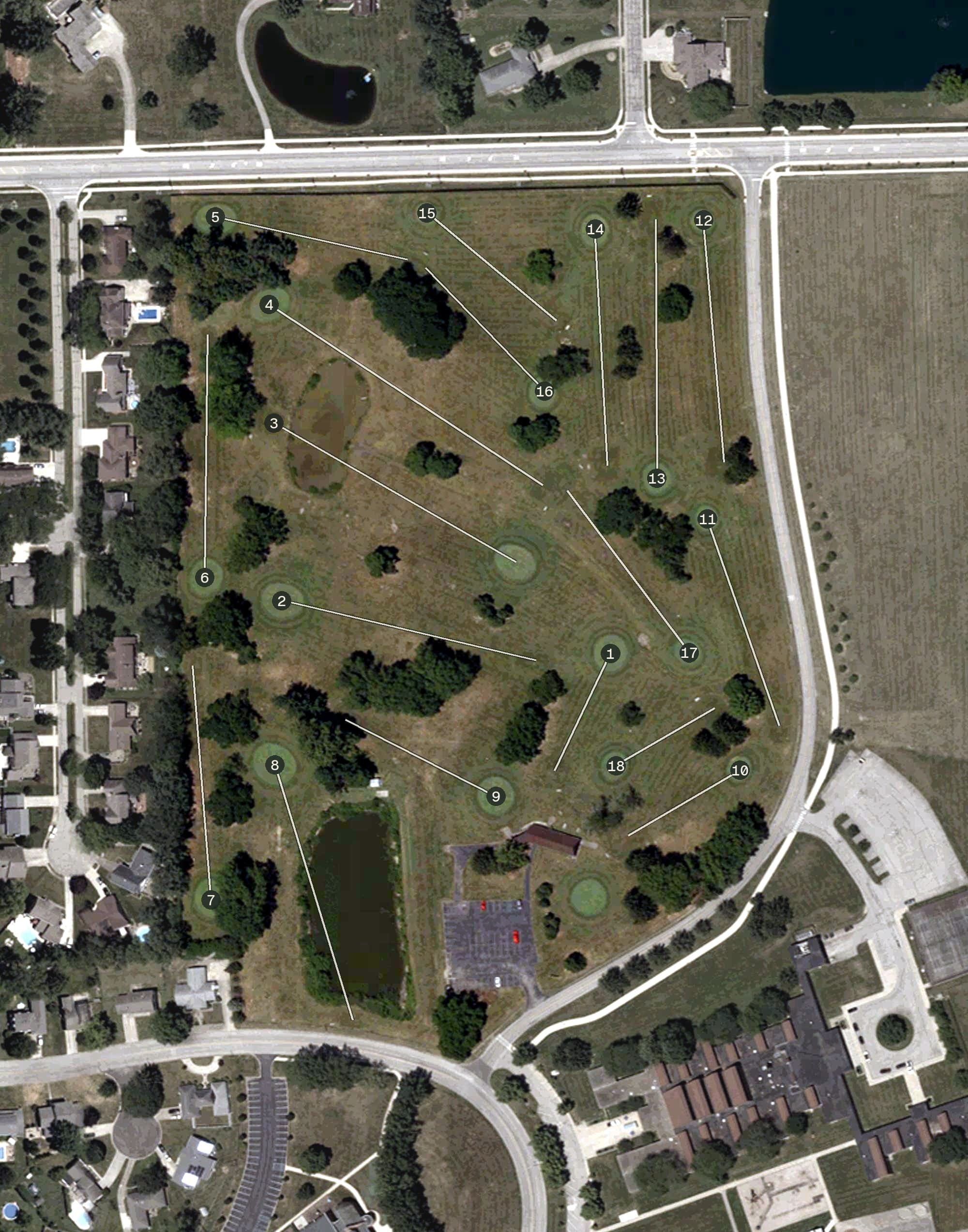 Aerial view of Rocky Ford Par 3, IN, with its hole routing marked