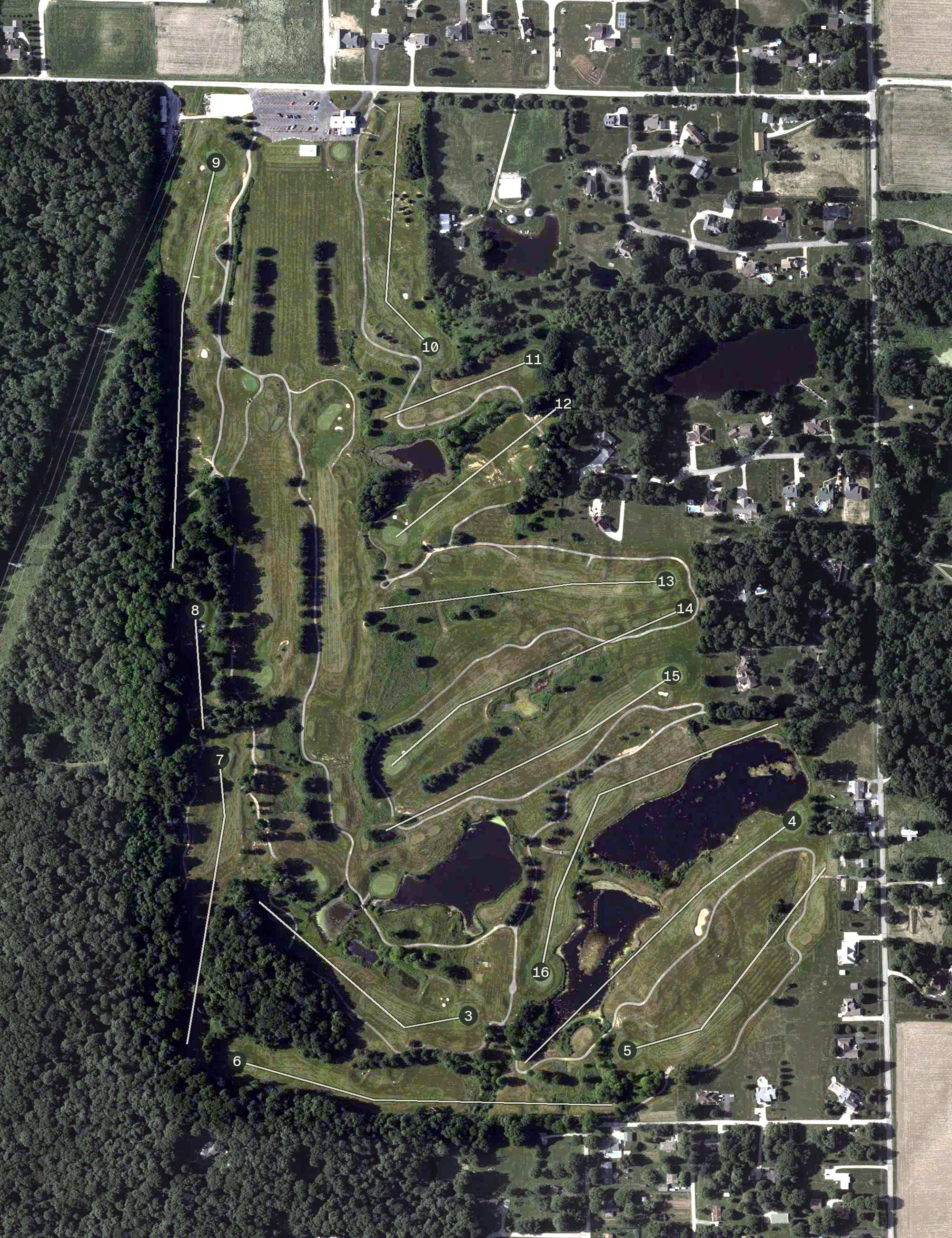 Aerial view of Rolling Meadows Golf Course, IN, with its hole routing marked