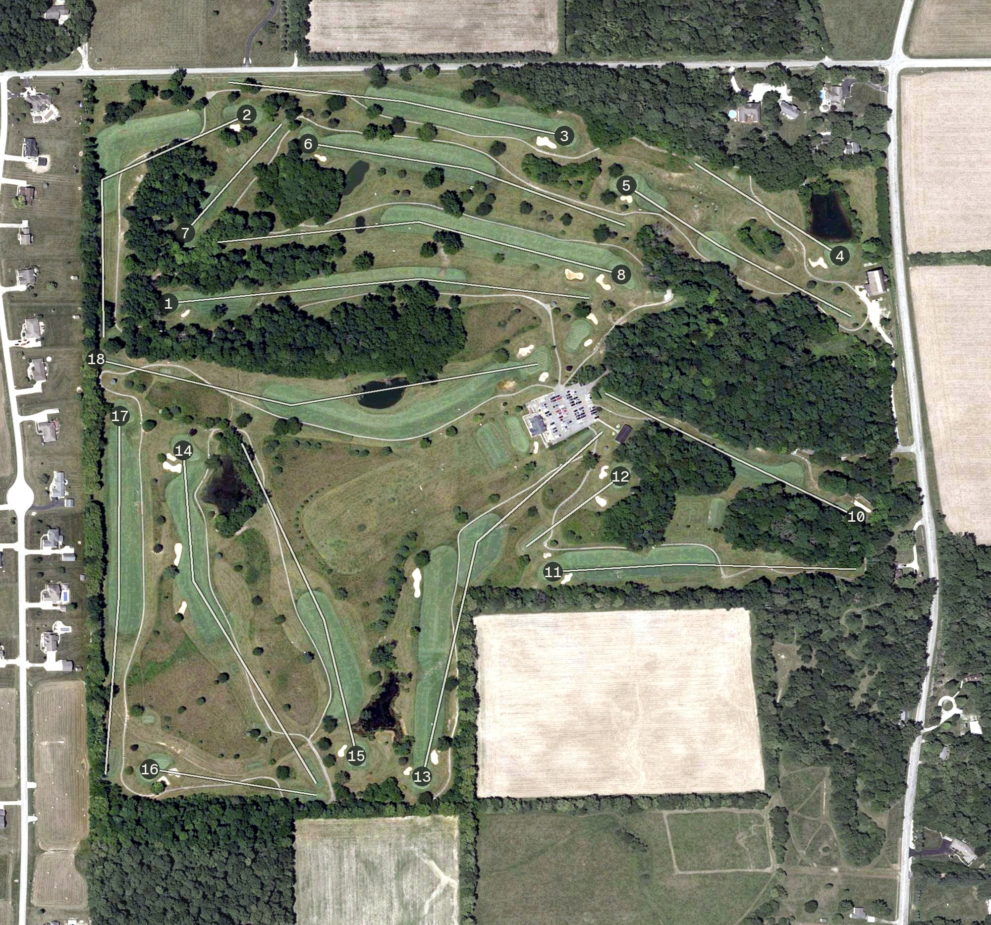Aerial view of Royal Hylands Golf Club, IN, with its hole routing marked
