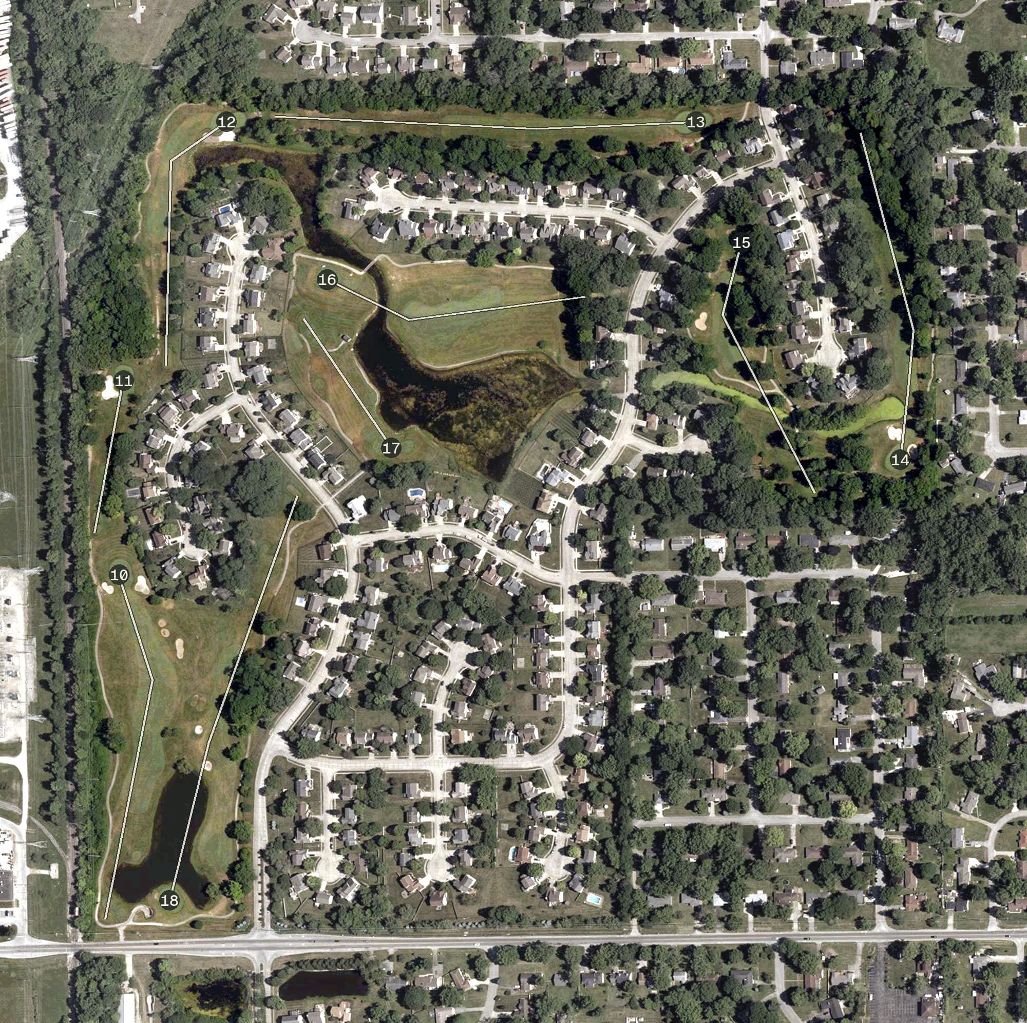 Aerial view of SaddleBrook Golf Club, IN, with its hole routing marked