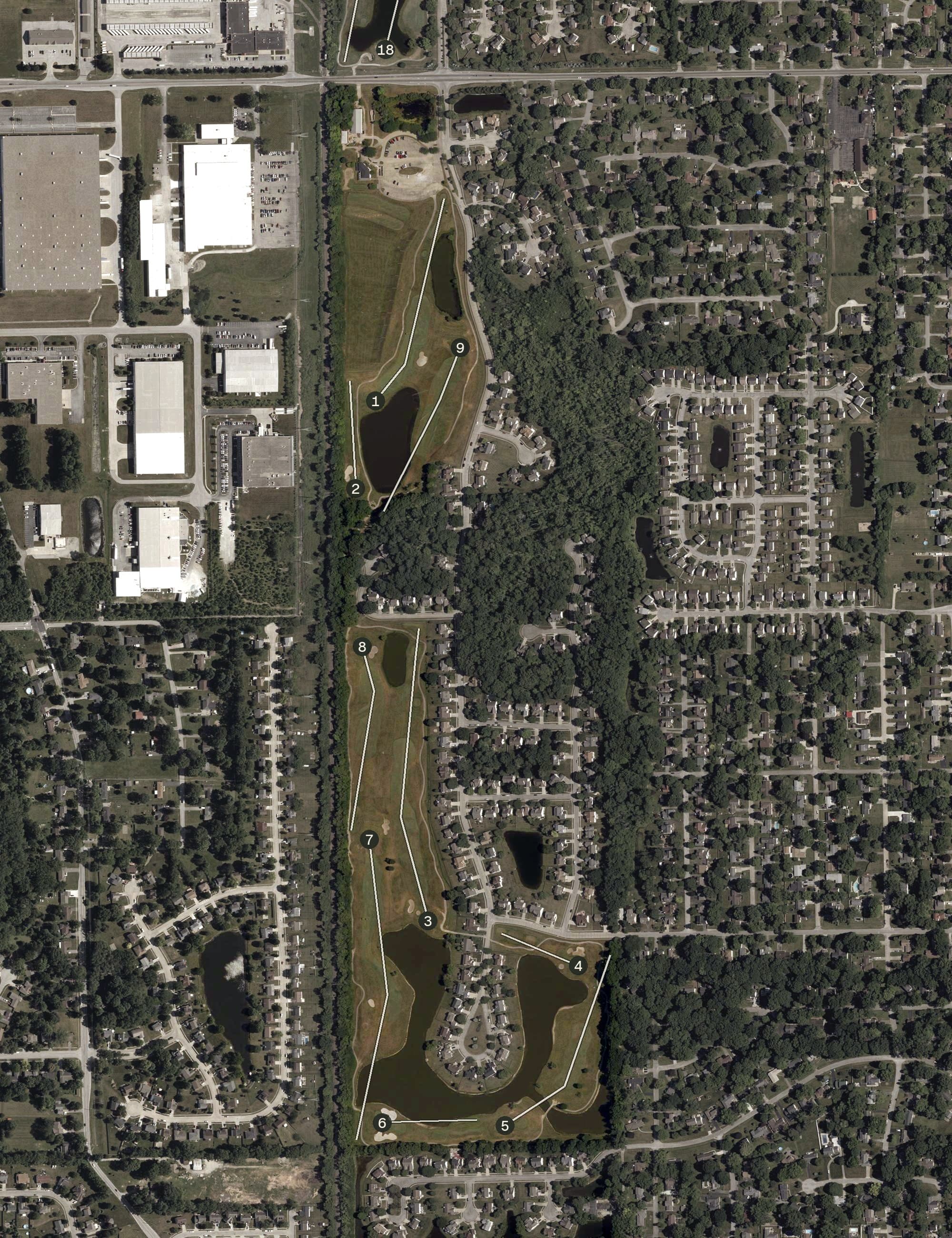 Aerial view of Saddlebrook Golf Course, IN, with its hole routing marked