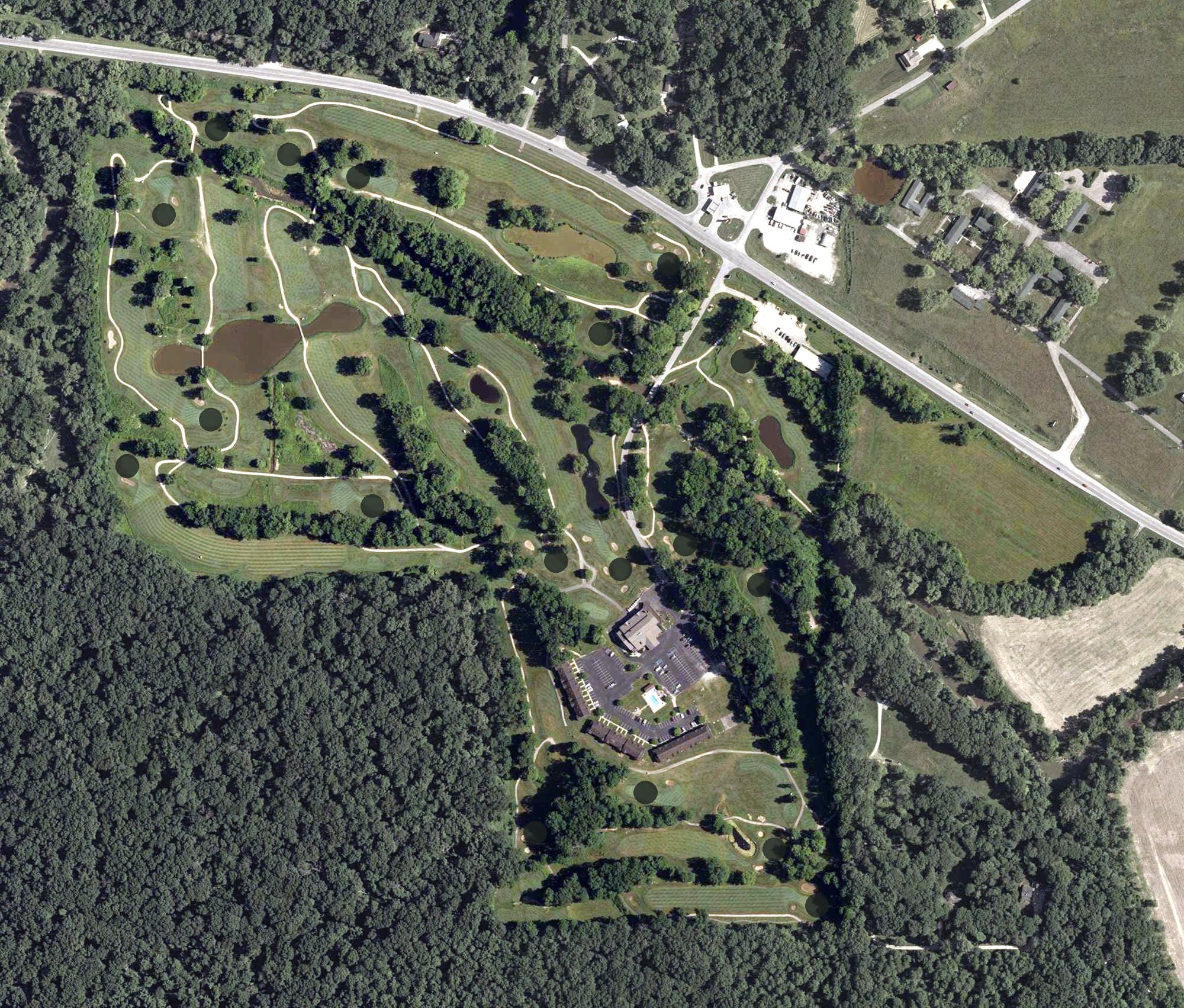 Aerial view of Salt Creek Golf Resort, IN, with its hole routing marked