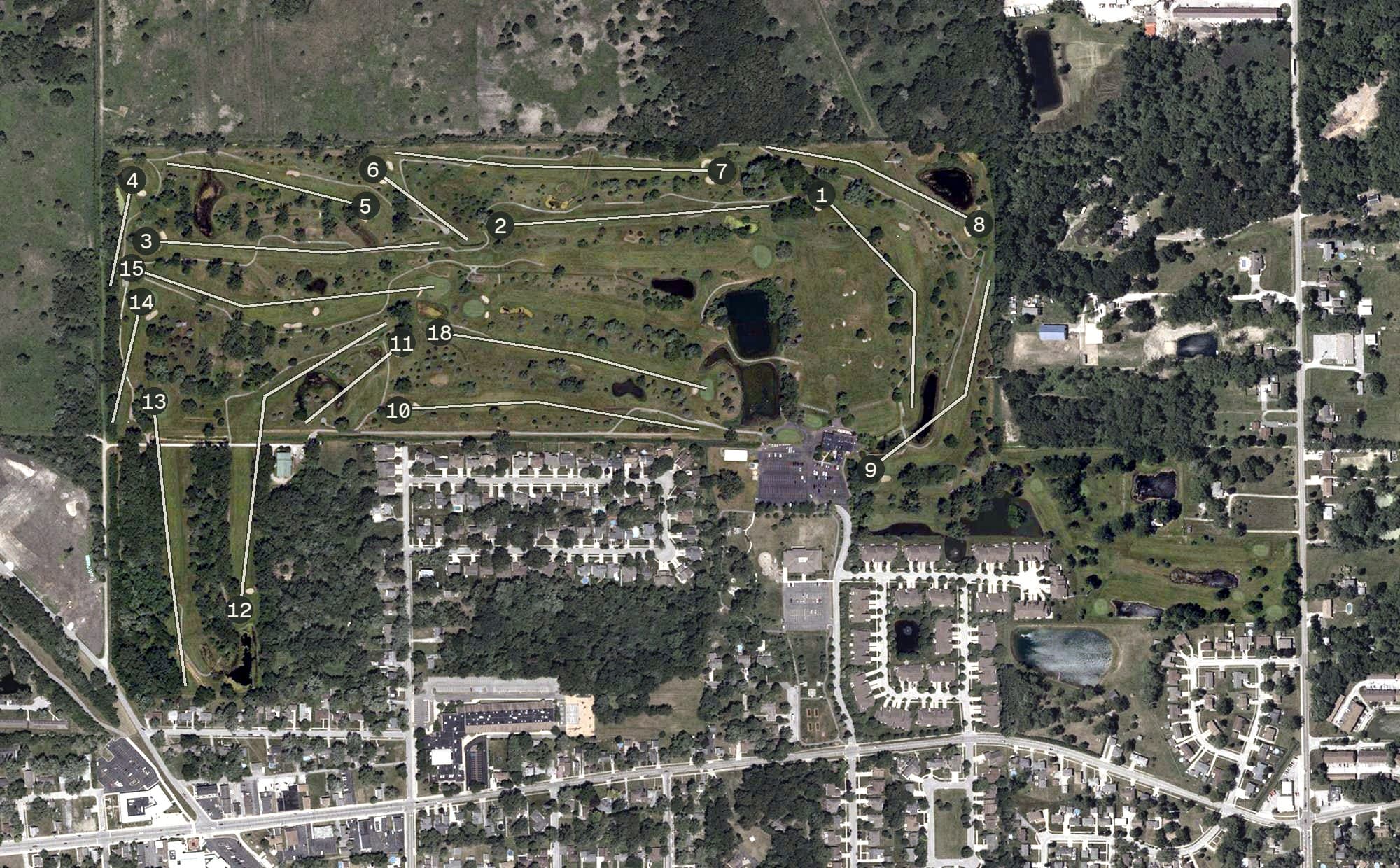 Aerial view of Scherwood Golf, IN, with its hole routing marked