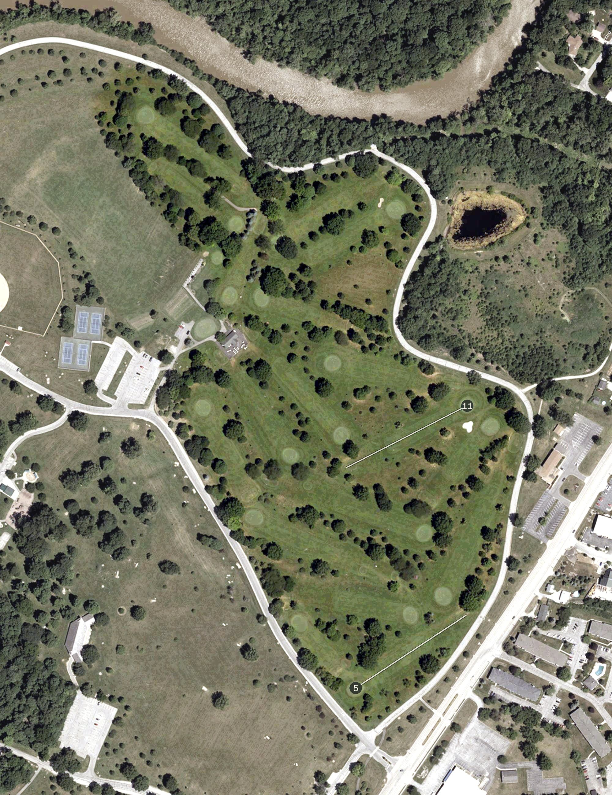 Aerial view of Shoaff Park Golf Course, IN, with its hole routing marked