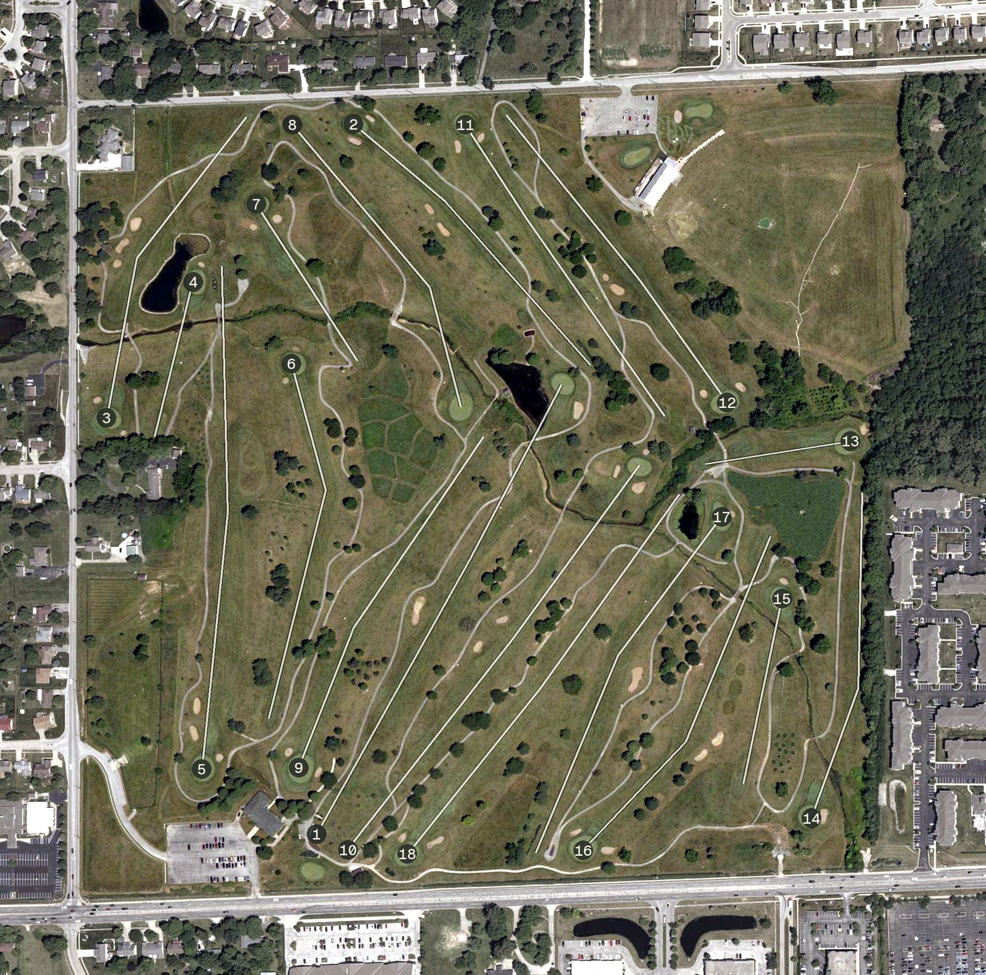 Aerial view of Smock Golf Course, IN, with its hole routing marked