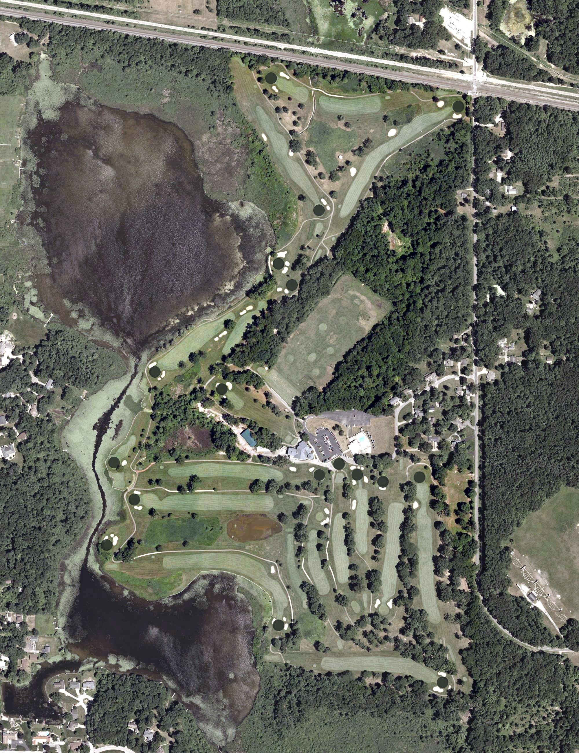 Aerial view of South Bend Country Club, IN, with its hole routing marked