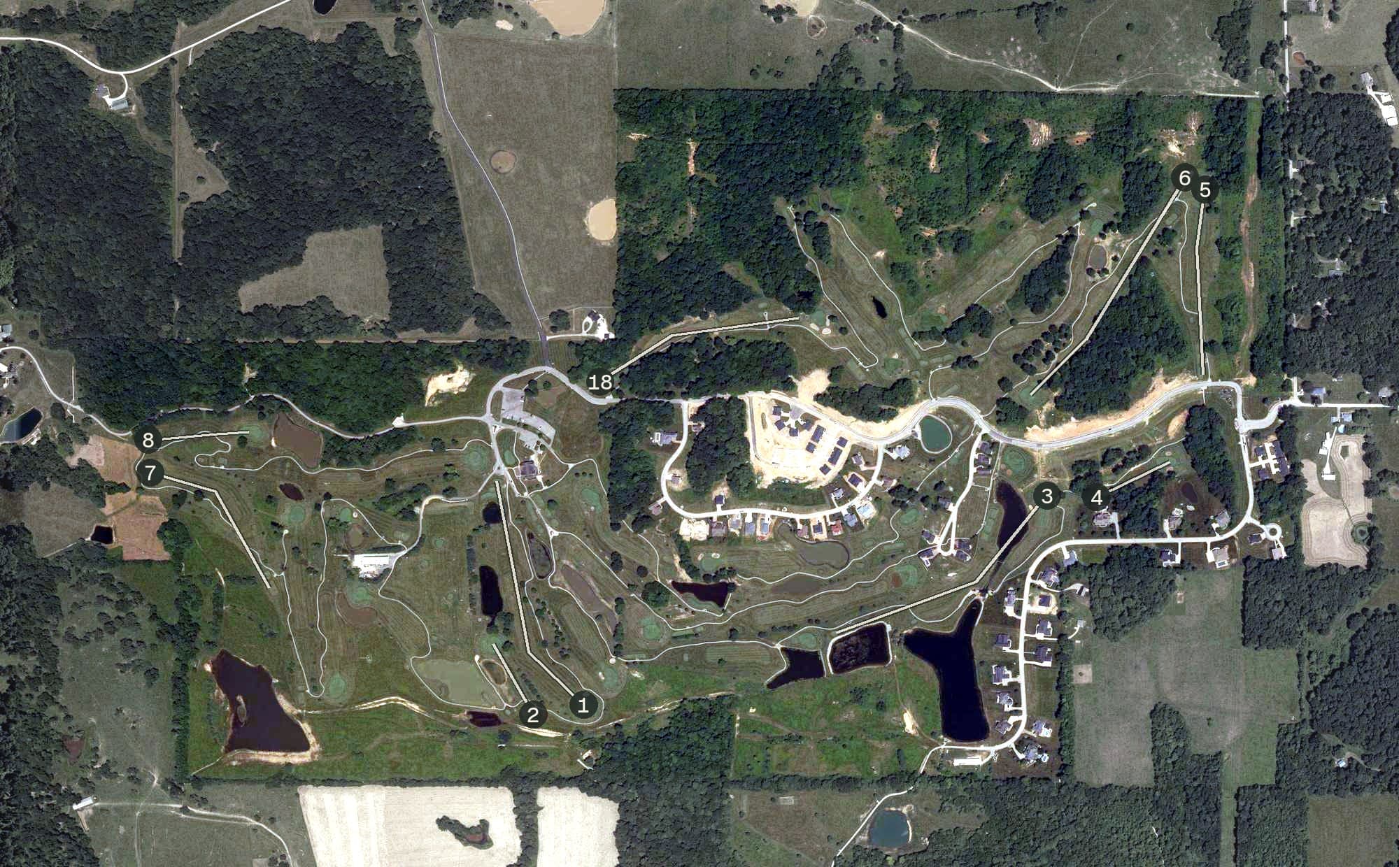 Aerial view of Stonecrest, IN, with its hole routing marked