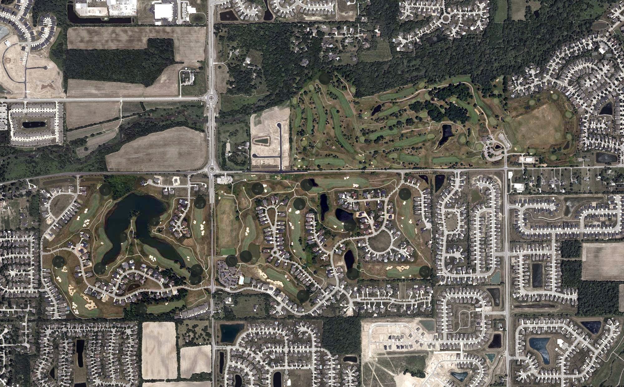 Aerial view of Stonycreek Golf Club, IN, with its hole routing marked