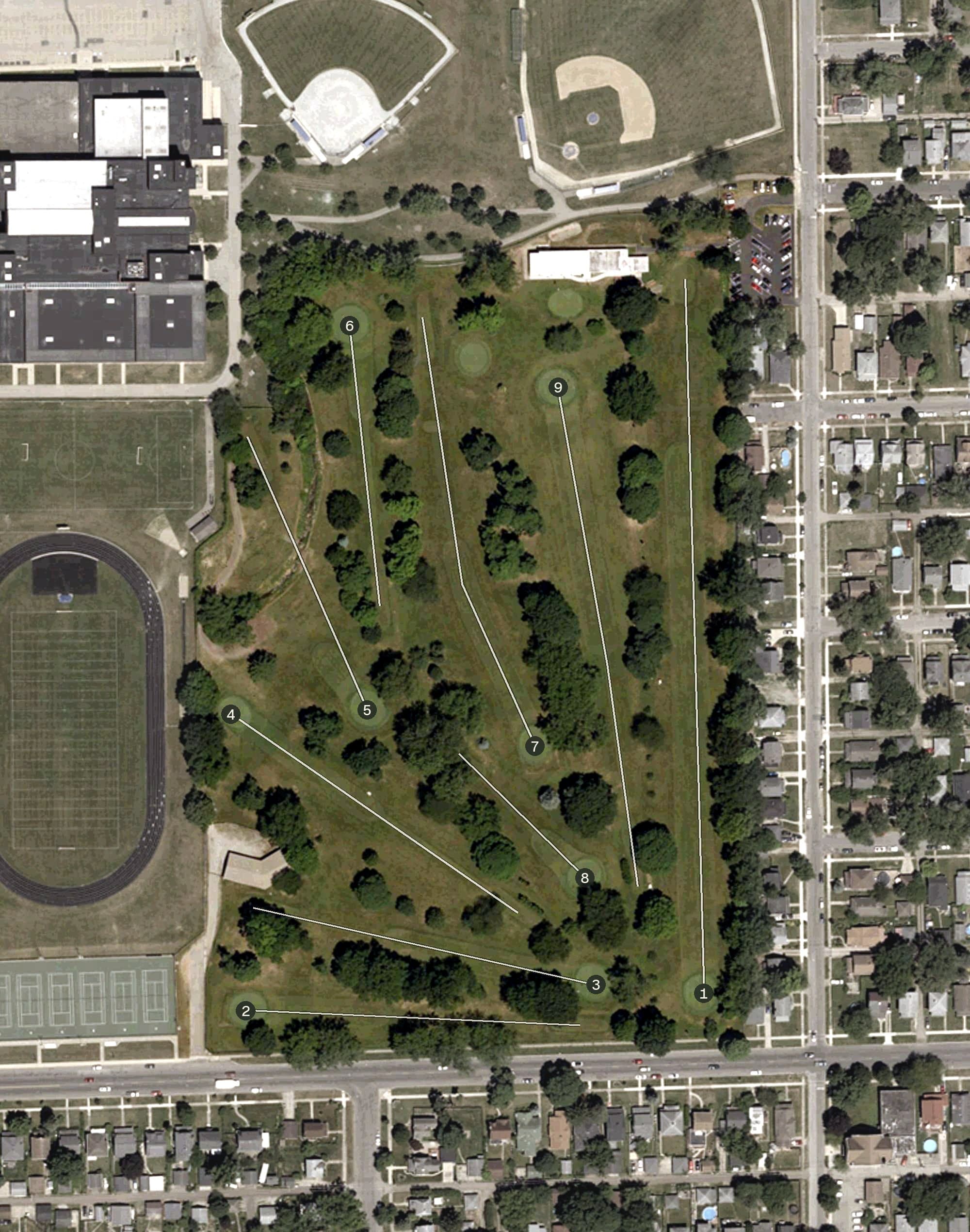 Aerial view of Studebaker Park, IN, with its hole routing marked