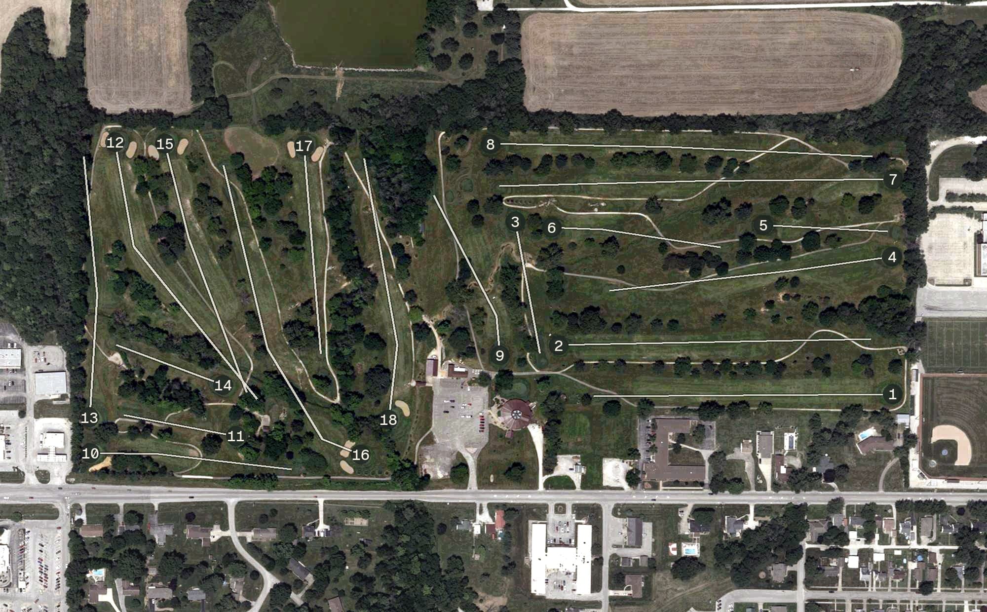 Aerial view of Sullivan Elks Country Club, IN, with its hole routing marked