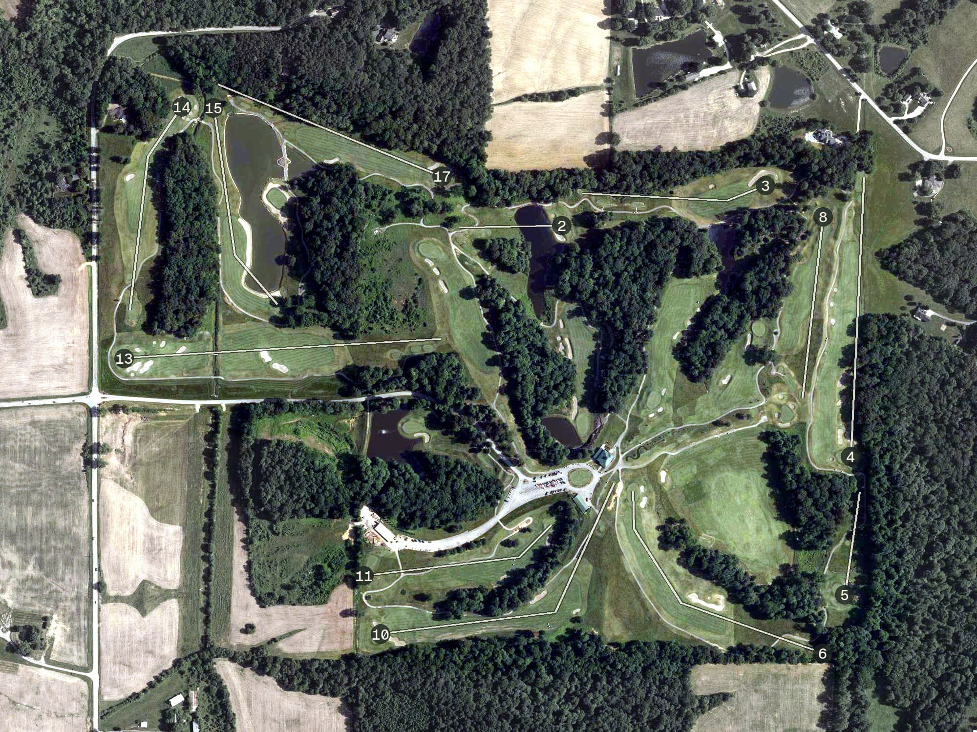 Aerial view of Sultan’s Run Golf Club, IN, with its hole routing marked