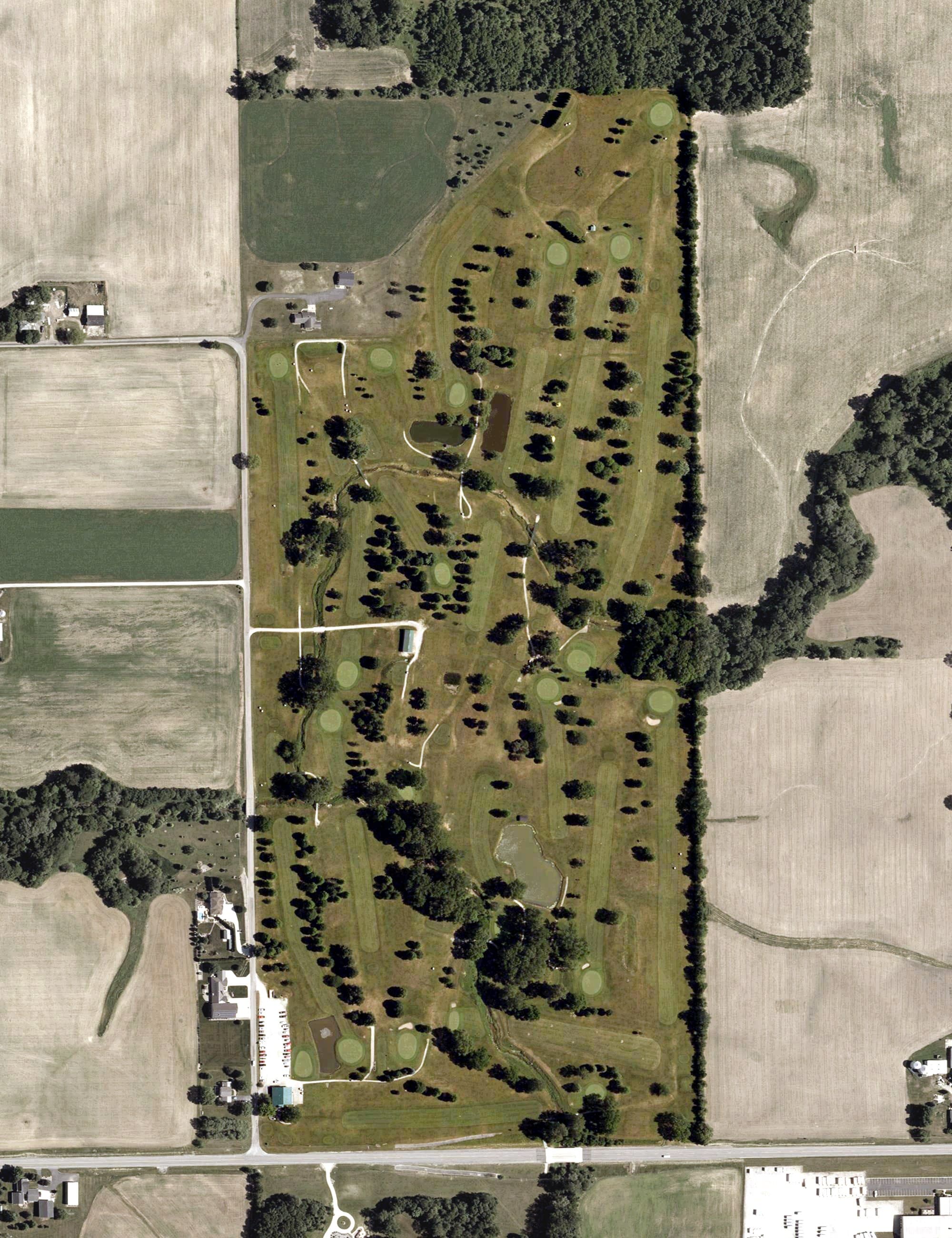 Aerial view of Sycamore Golf Club, IN, with its hole routing marked