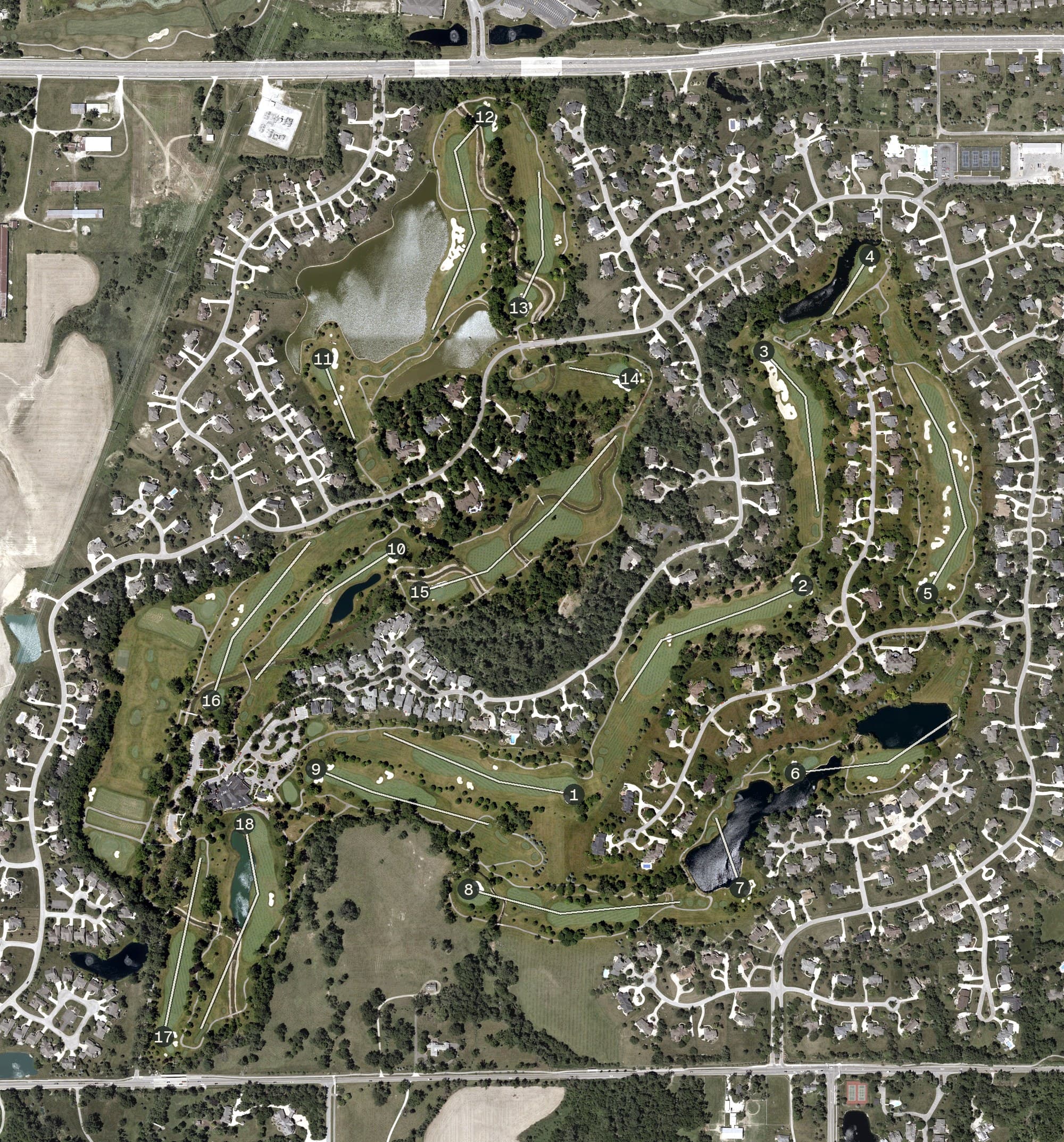Aerial view of Sycamore Hills Golf Club, IN, with its hole routing marked