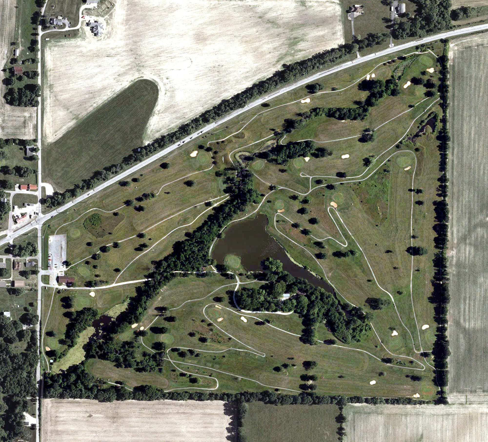 Aerial view of Tameka Woods Golf Course, IN, with its hole routing marked
