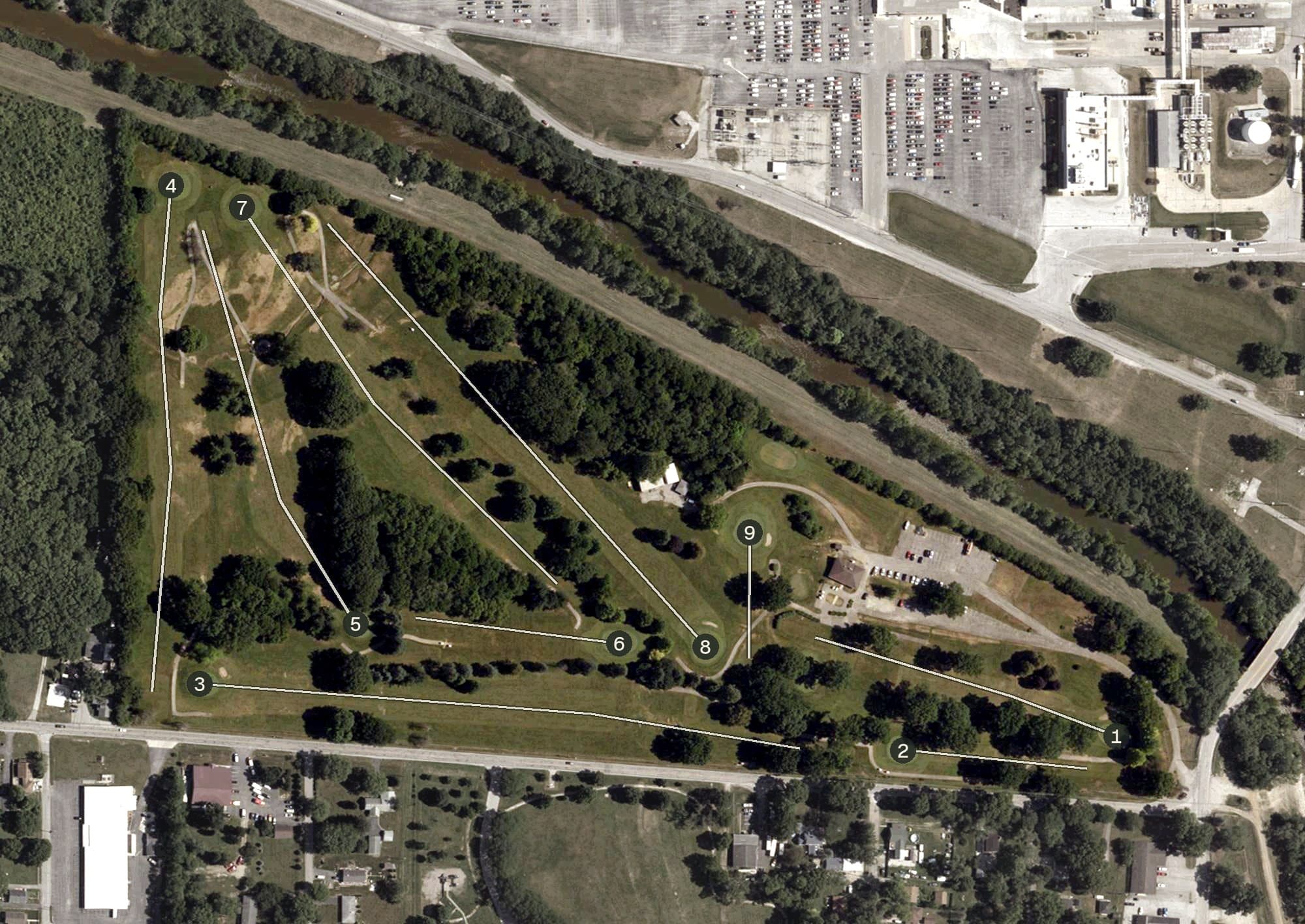 Aerial view of Thatcher Golf Course, IN, with its hole routing marked