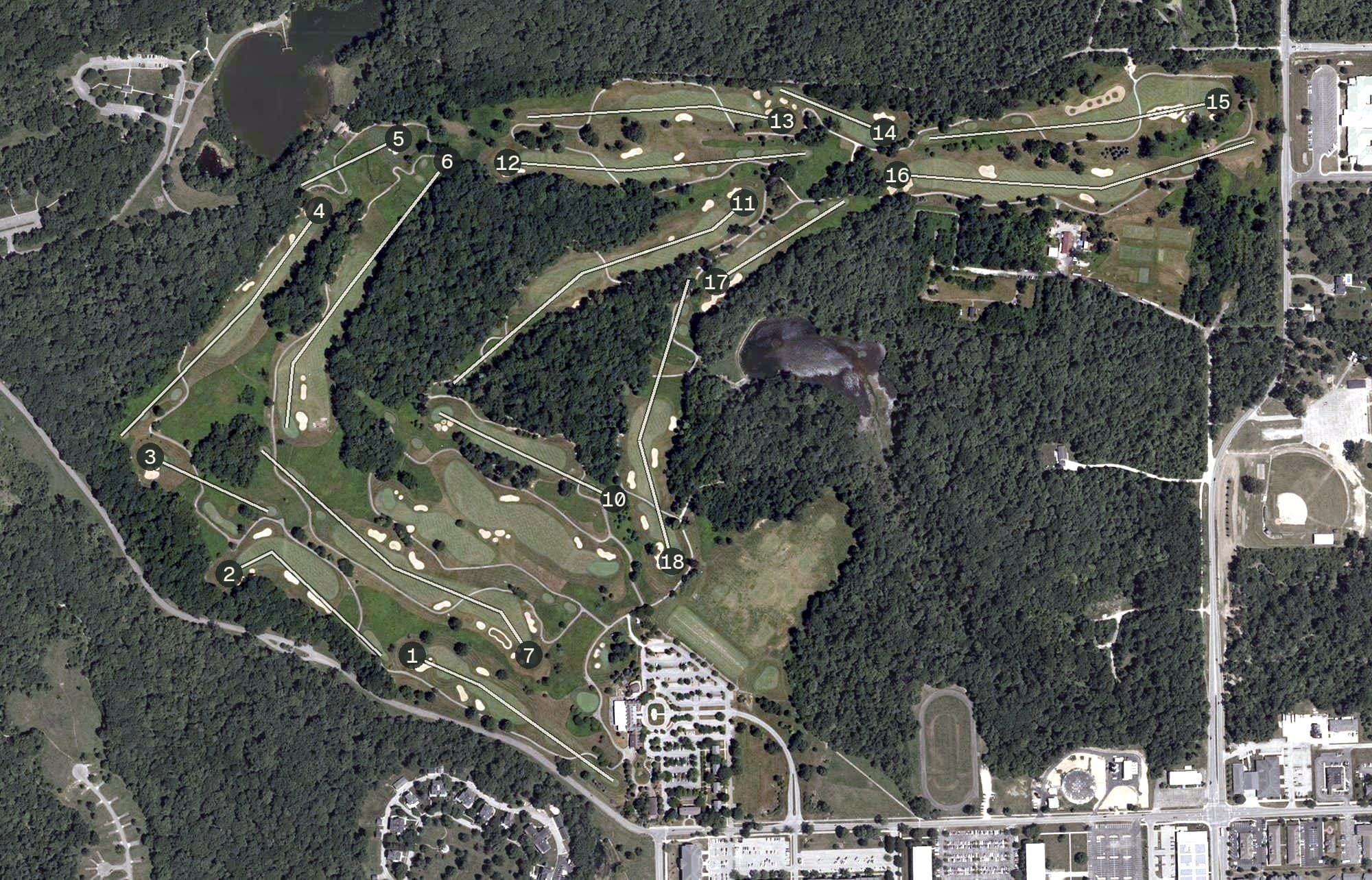 Aerial view of The Fort Golf Course, IN, with its hole routing marked
