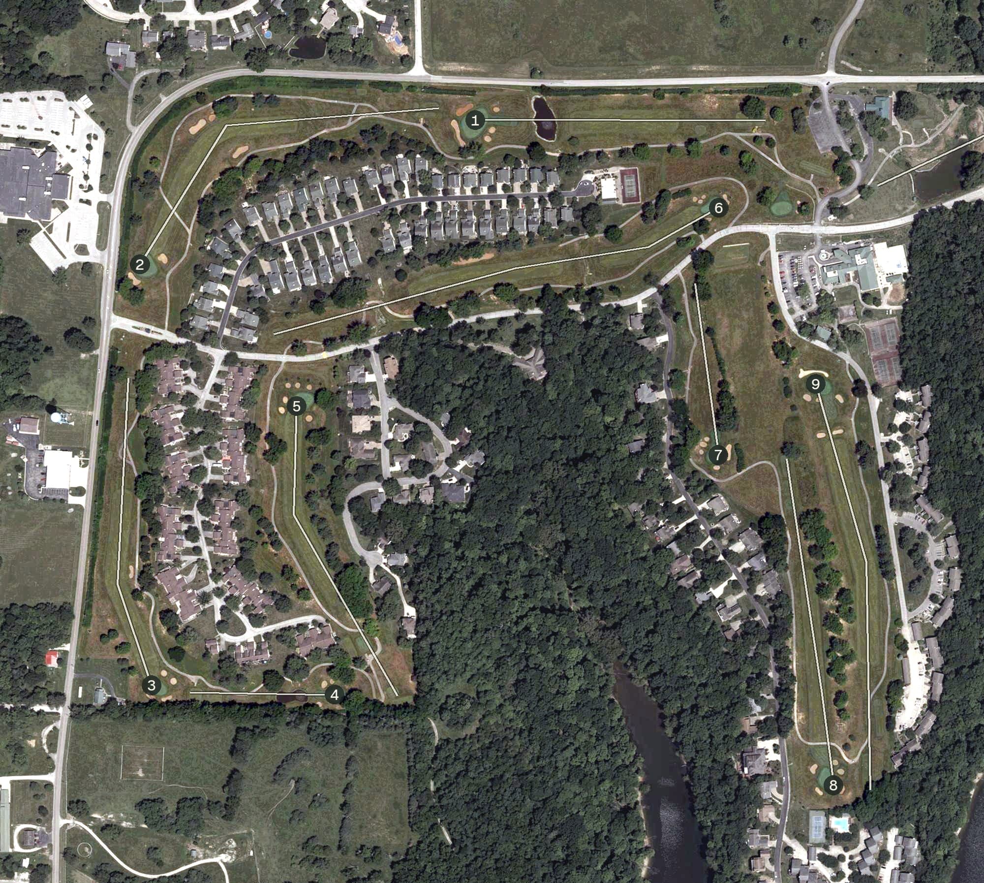 Aerial view of The Golf Club at Eagle Pointe, IN, with its hole routing marked