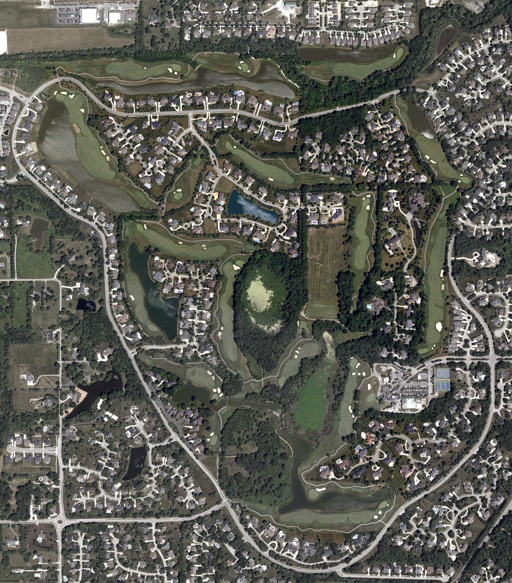 Aerial view of The Hawthorns Golf & Country Club, IN, with its hole routing marked