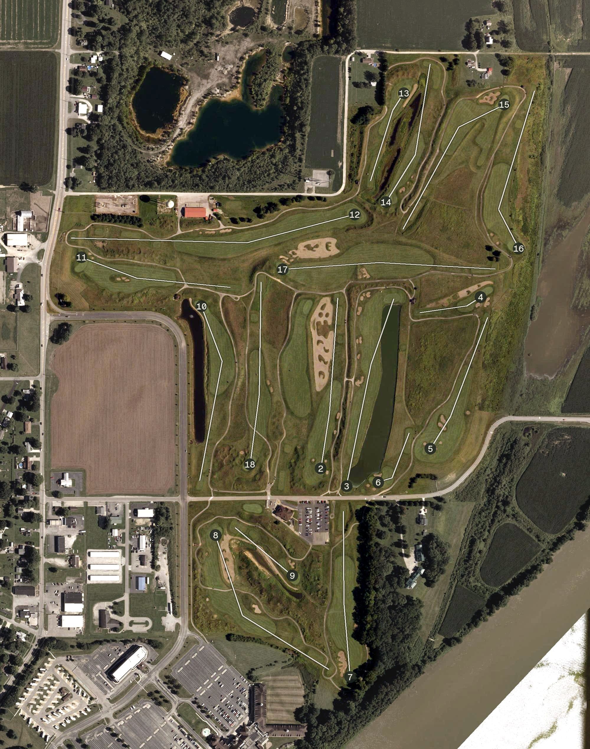 Aerial view of The Links at Rising Star Casino Resort, IN, with its hole routing marked