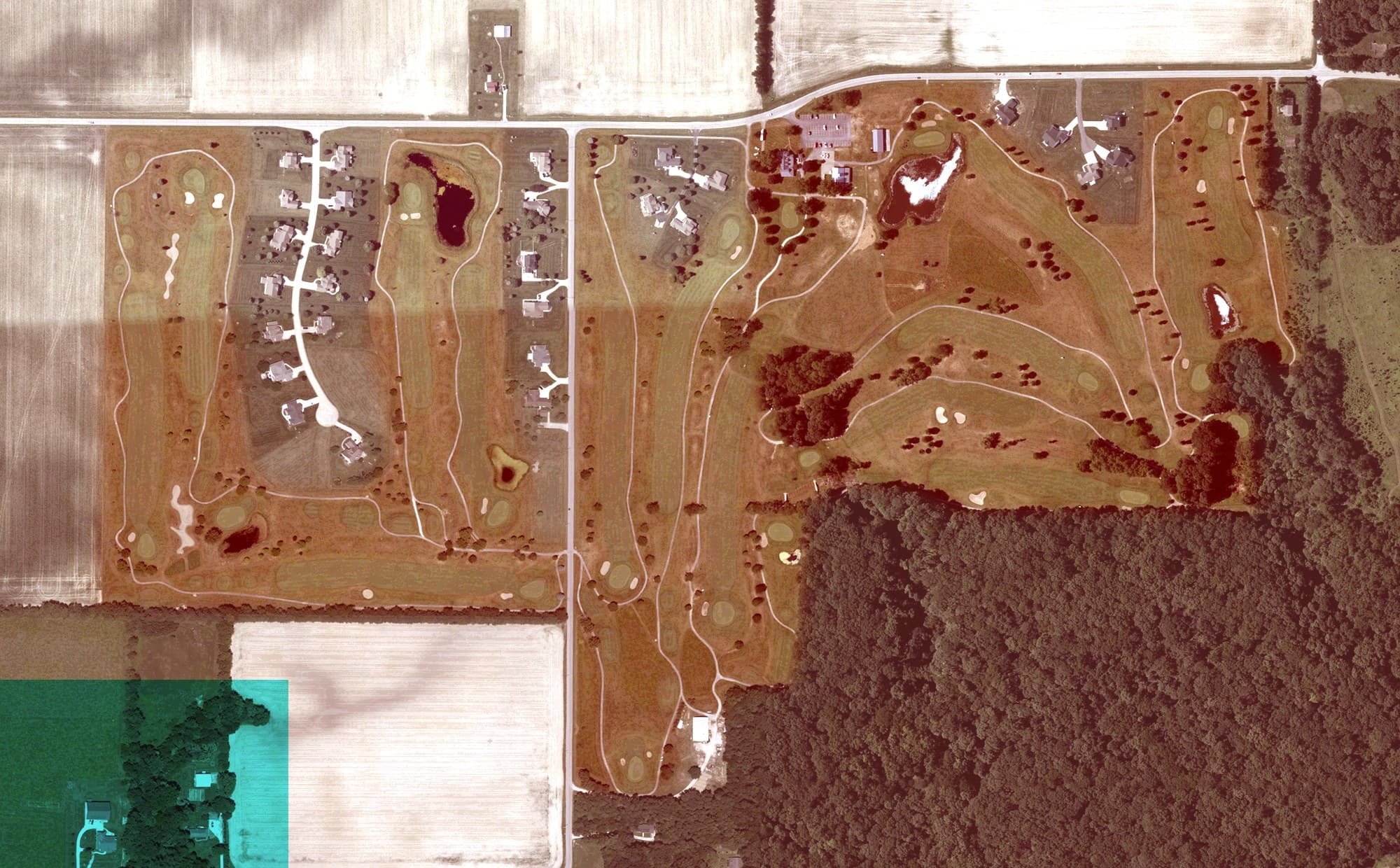 Aerial view of The Ravines Golf Course, IN, with its hole routing marked