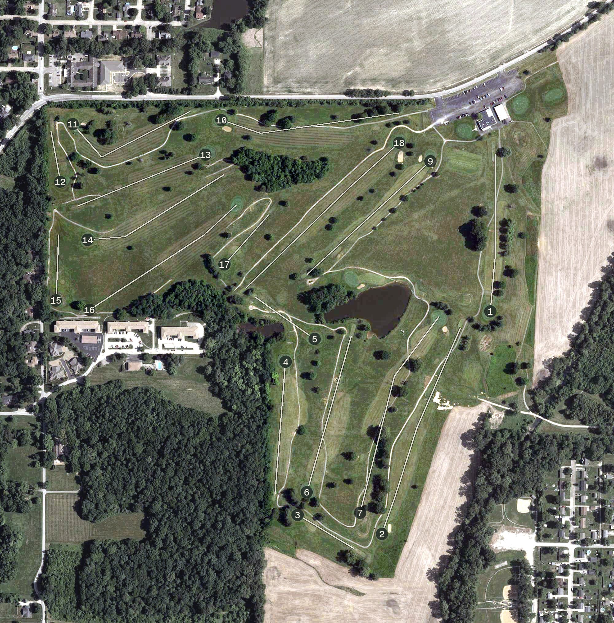 Aerial view of Thunderbolt Pass Golf Course, IN, with its hole routing marked