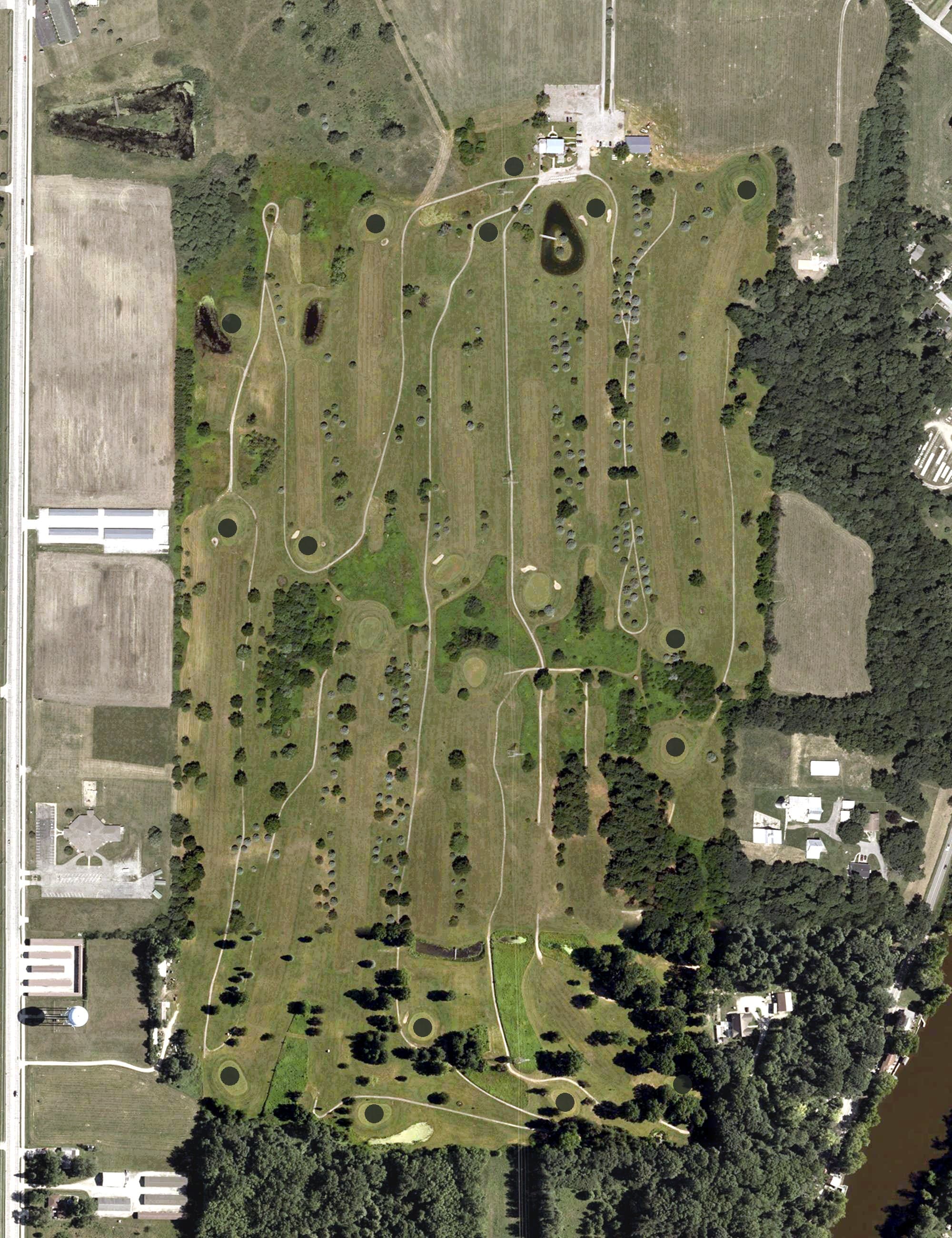 Aerial view of Tippecanoe Country Club, IN, with its hole routing marked