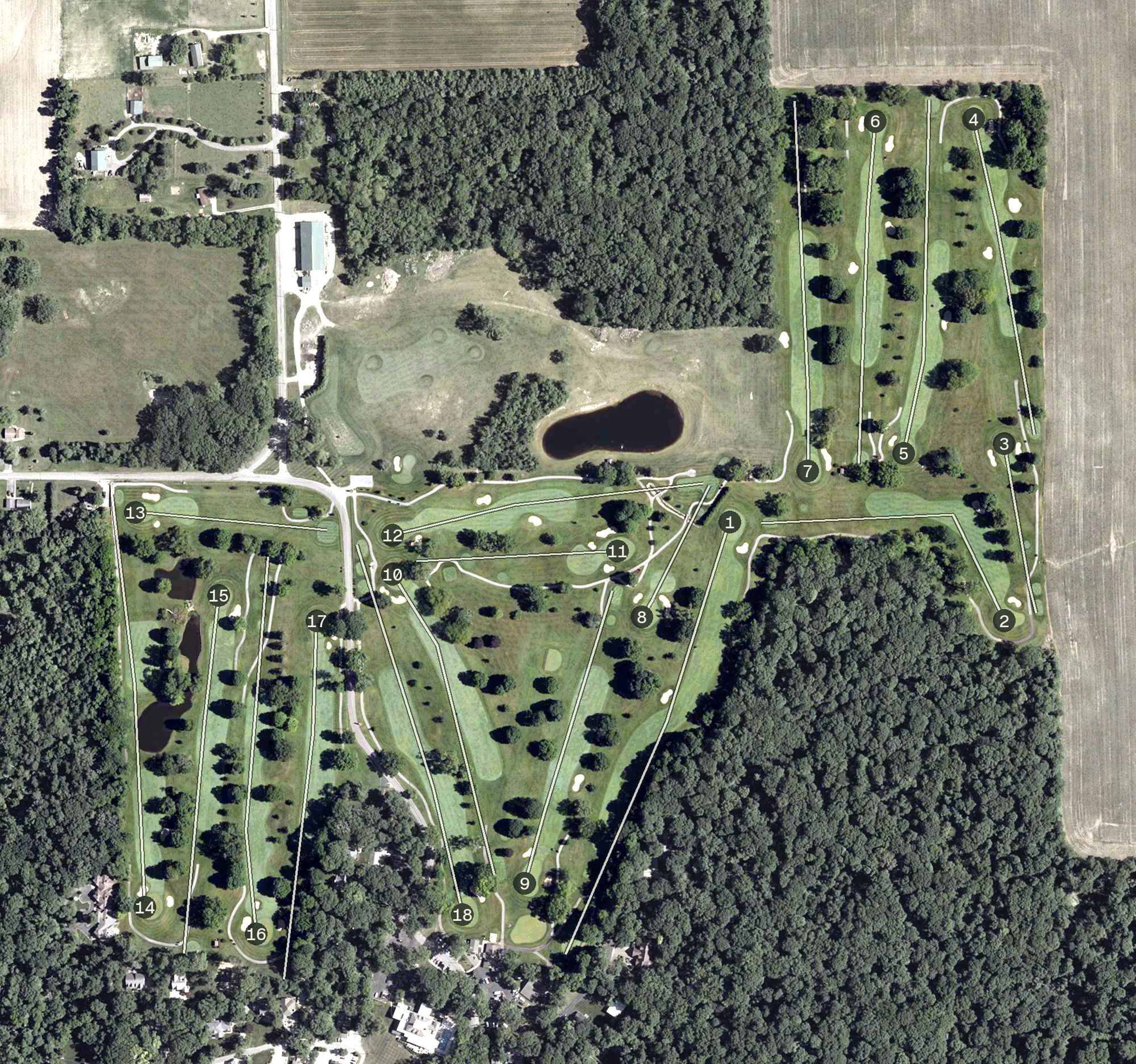 Aerial view of Tippecanoe Lake Country Club, IN, with its hole routing marked