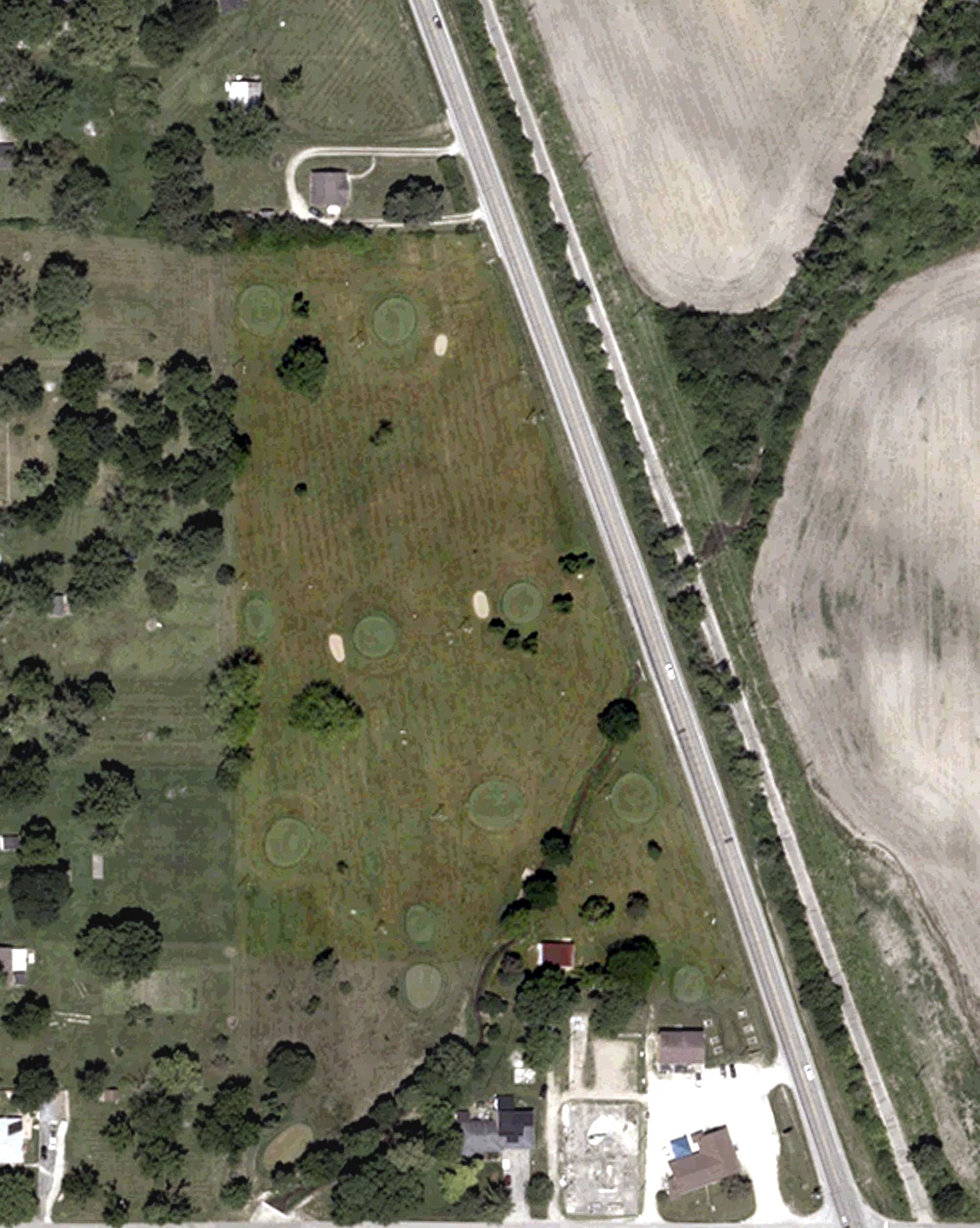 Aerial view of Trail Side Golf and Foot Golf, IN, with its hole routing marked