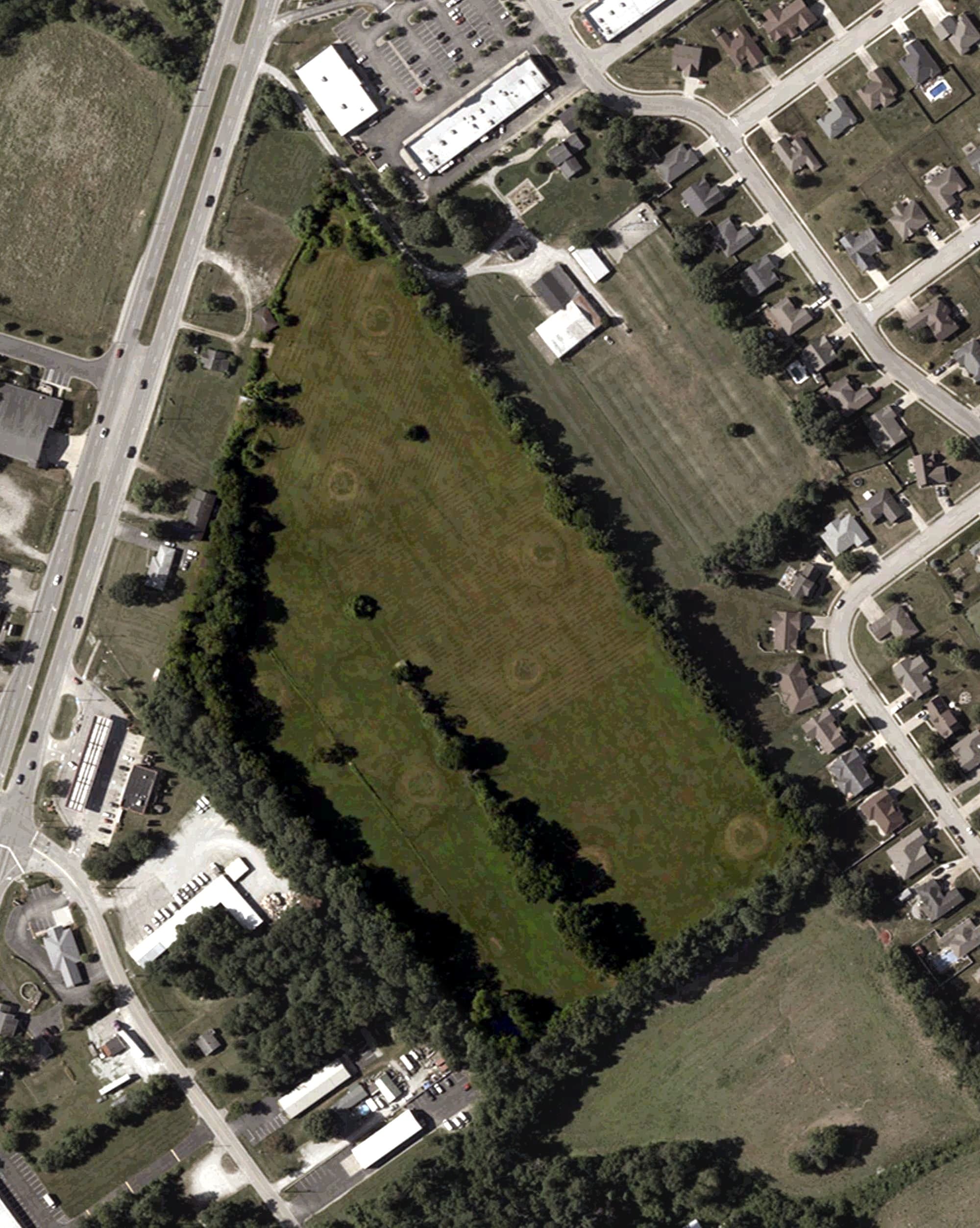Aerial view of Twilight Golf Course, IN, with its hole routing marked