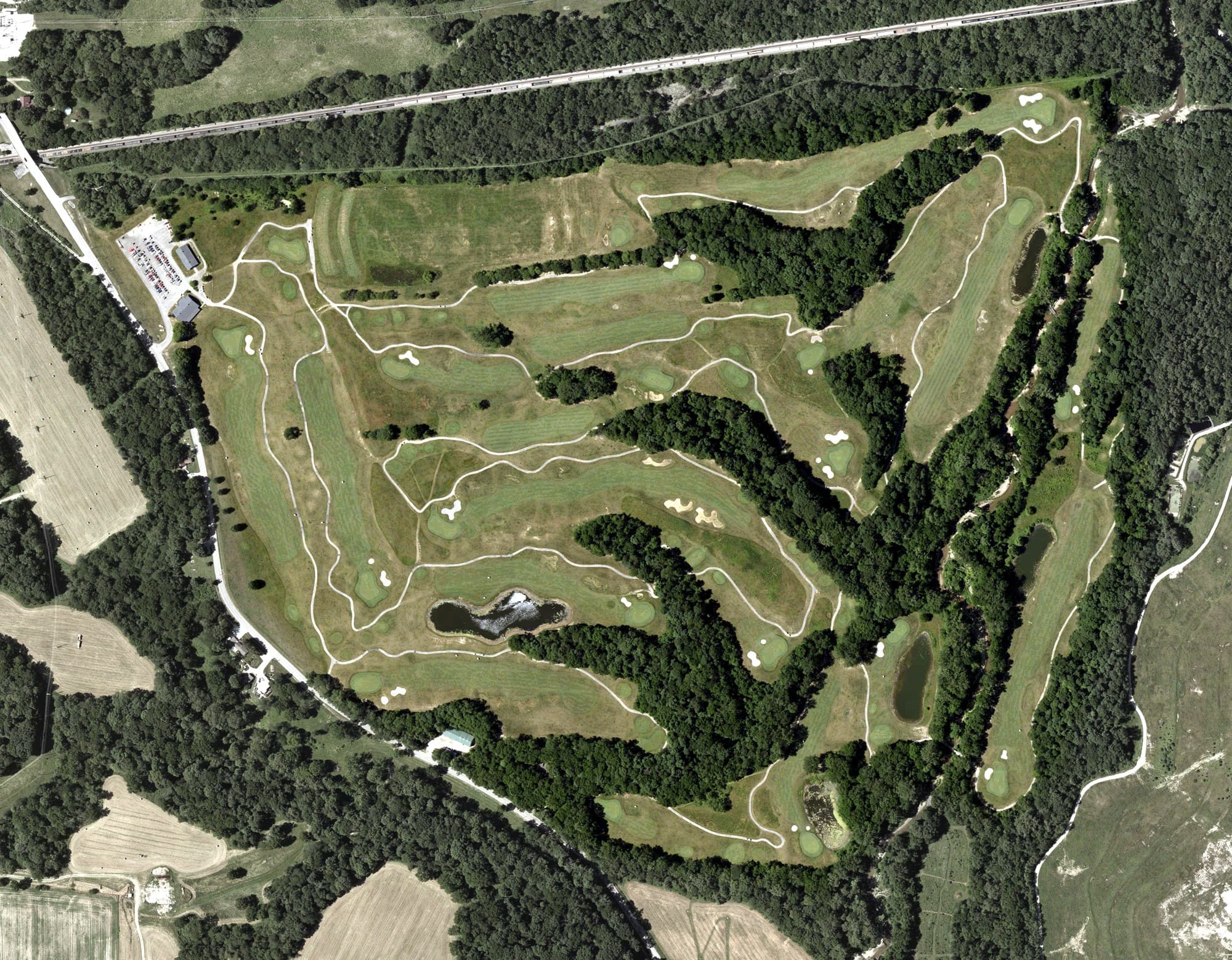 Aerial view of Twin Bridges Golf Club, IN, with its hole routing marked