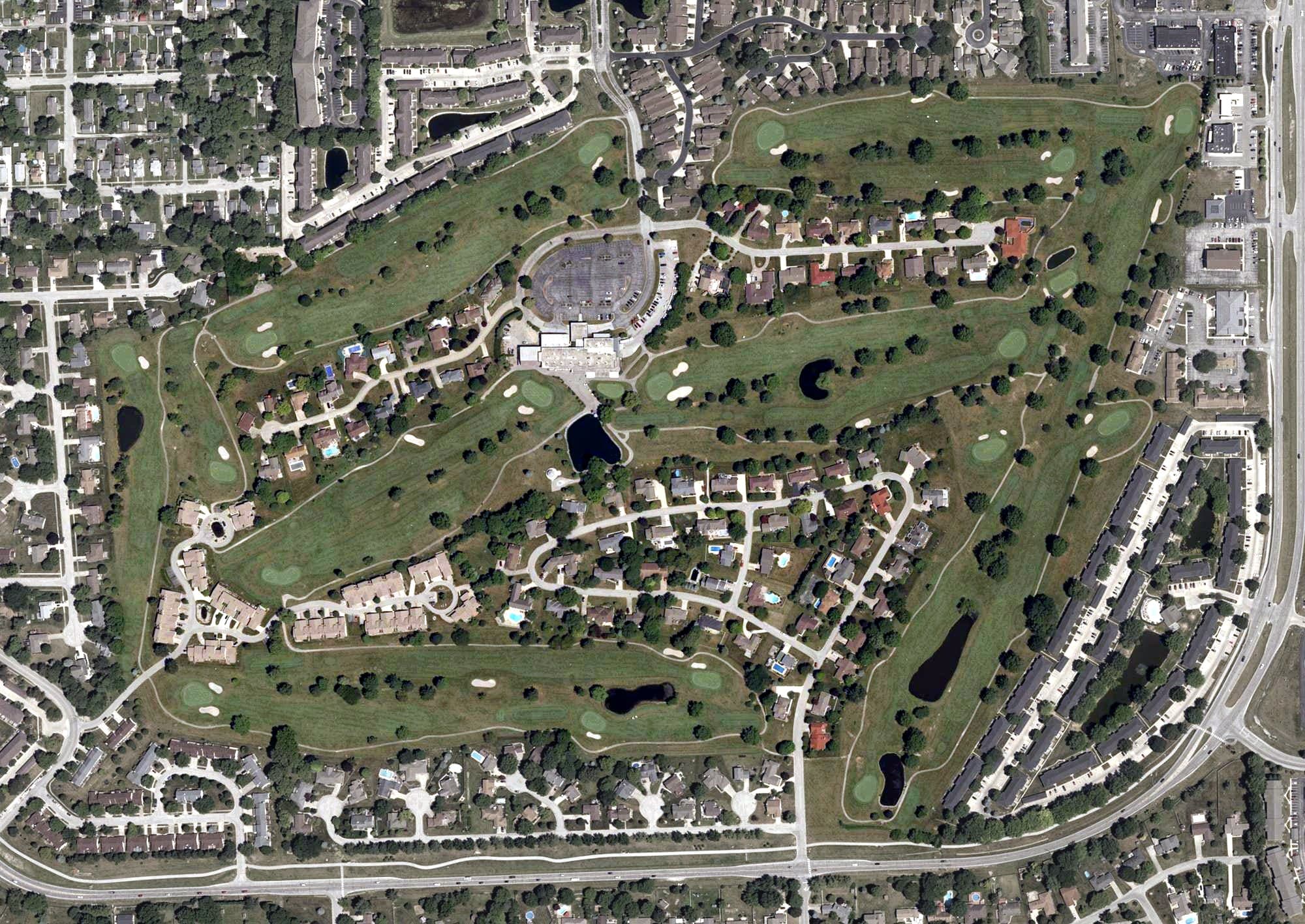 Aerial view of Valle Vista Golf Course, IN, with its hole routing marked