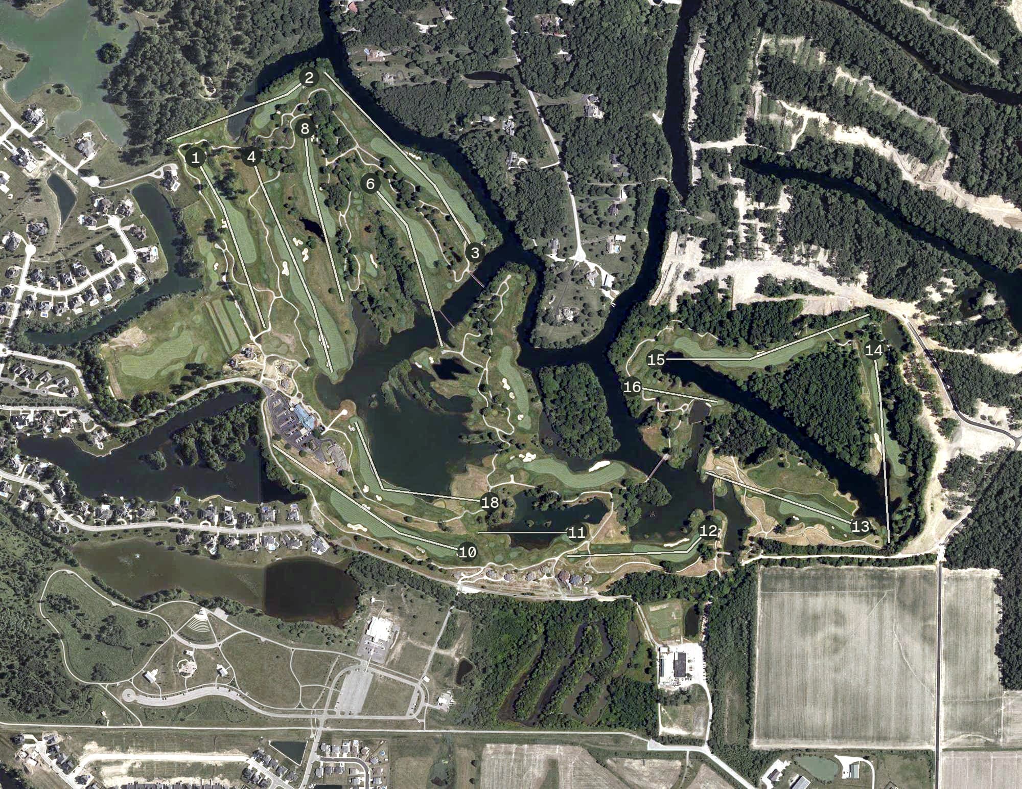Aerial view of Victoria National Golf Club, IN, with its hole routing marked