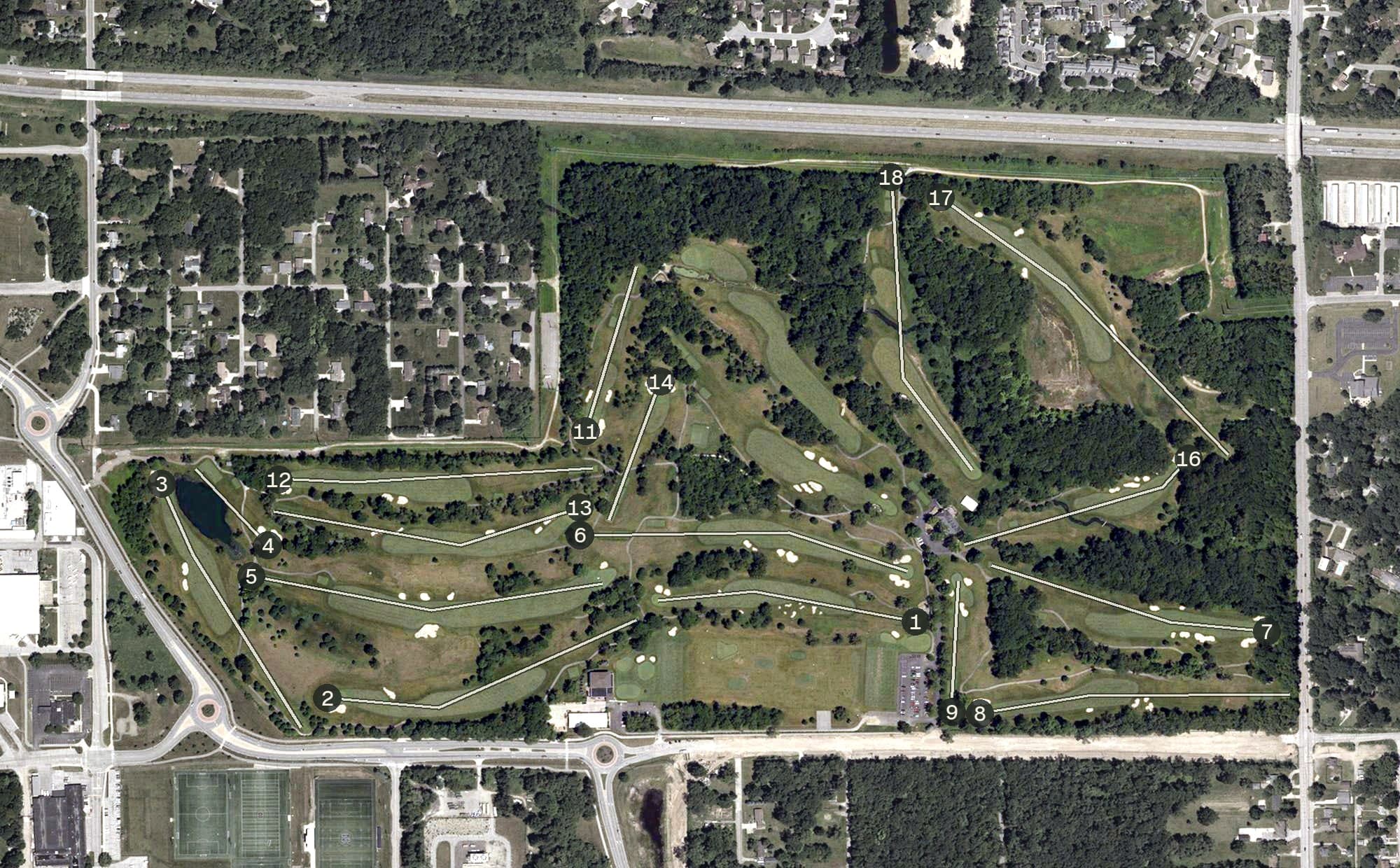Aerial view of Warren Golf Course, IN, with its hole routing marked