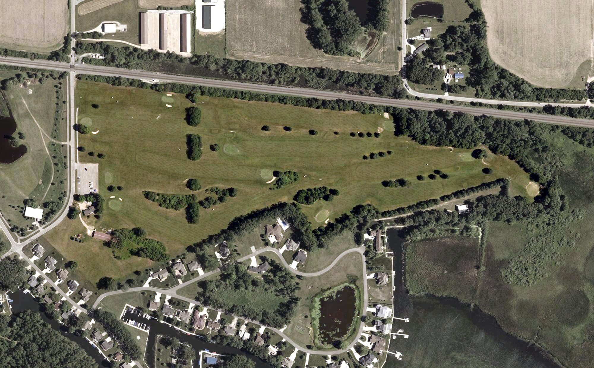 Aerial view of Wawasee Golf Club, IN, with its hole routing marked