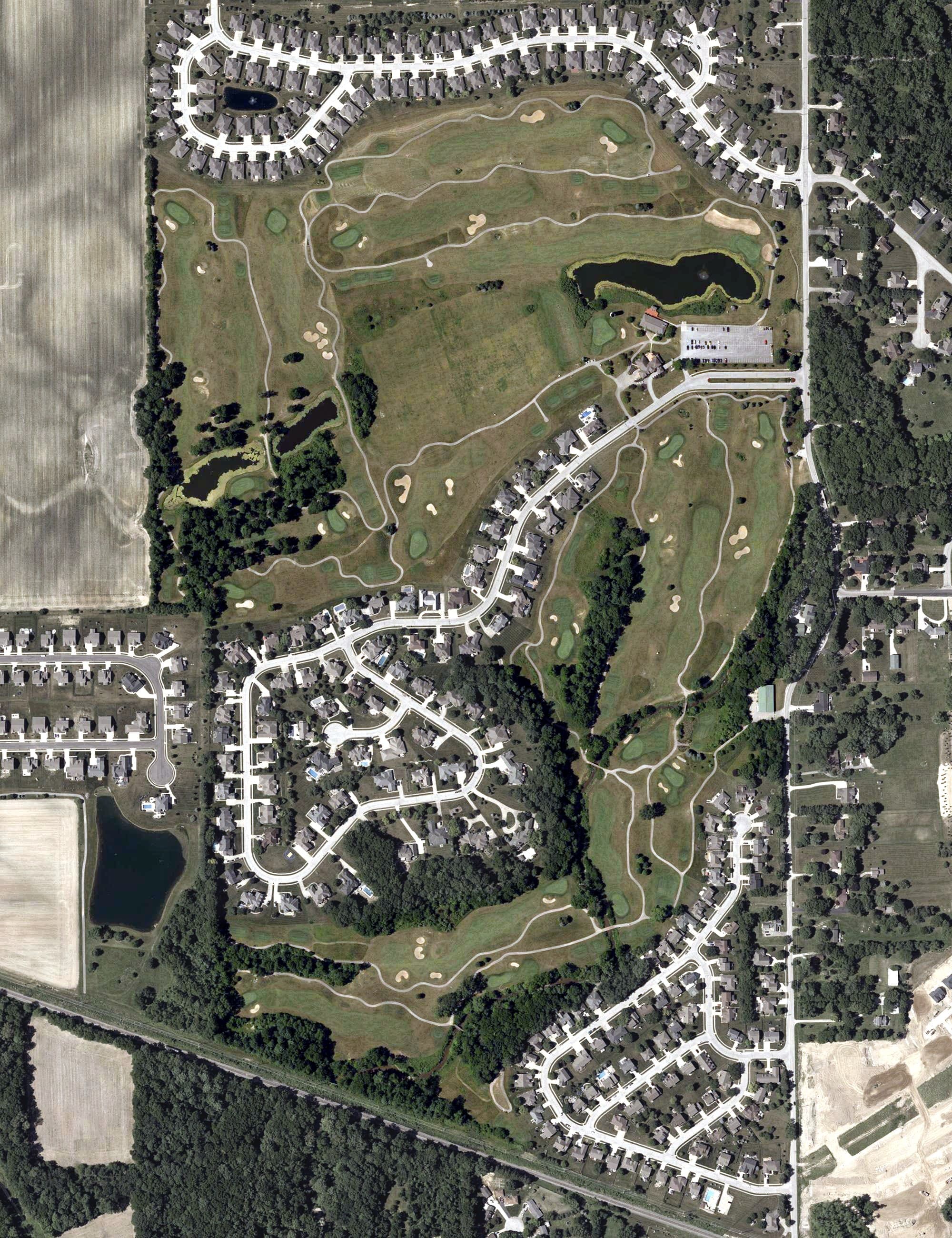 Aerial view of West Chase Golf Club, IN, with its hole routing marked