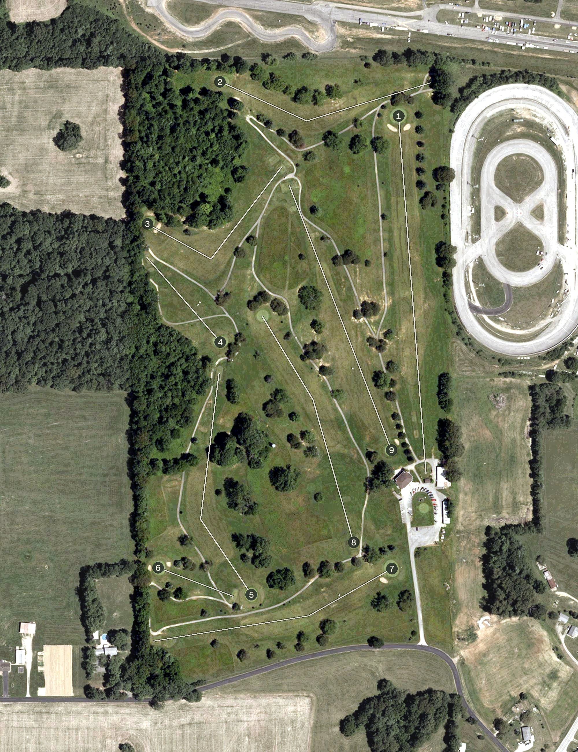 Aerial view of Western Hills Country Club, IN, with its hole routing marked