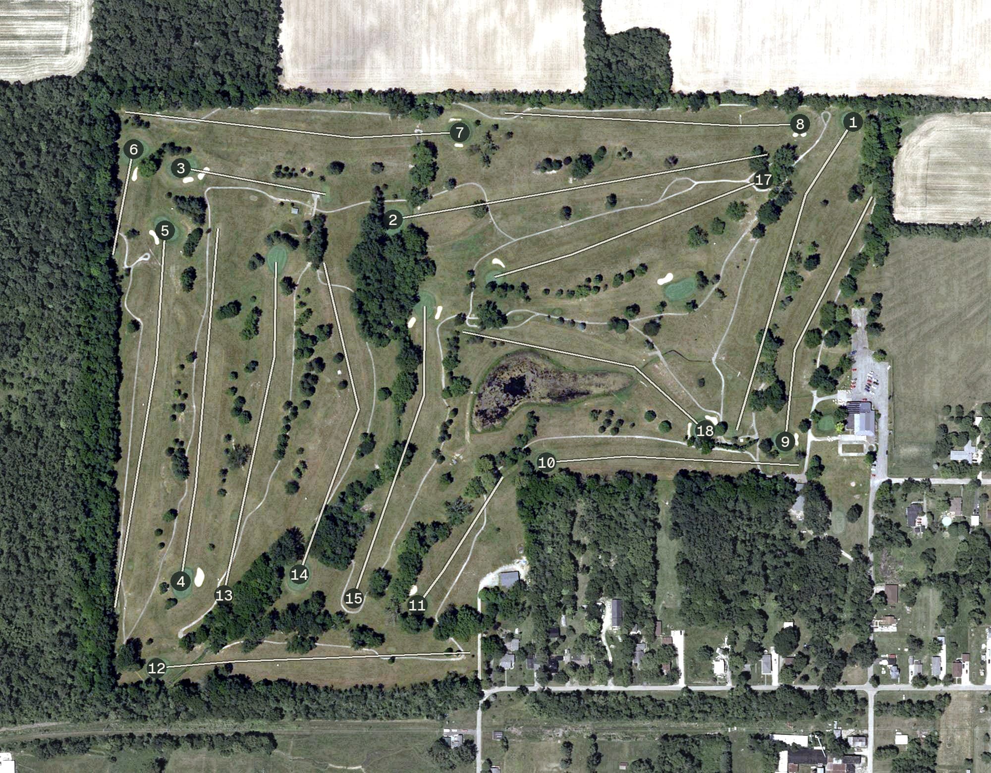Aerial view of Westwood Golf Club, IN, with its hole routing marked