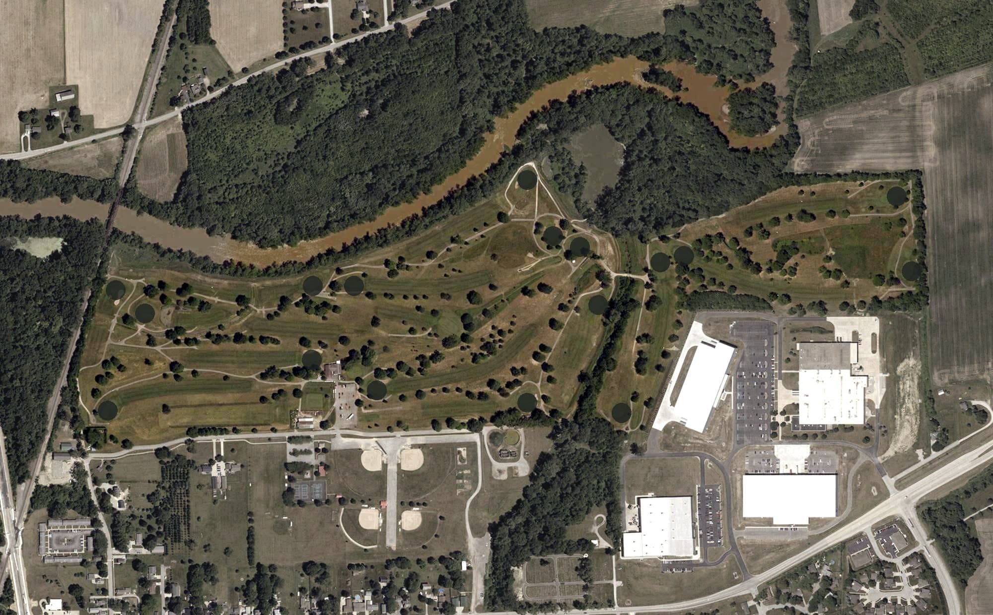 Aerial view of Whispering Creek Golf Course, IN, with its hole routing marked