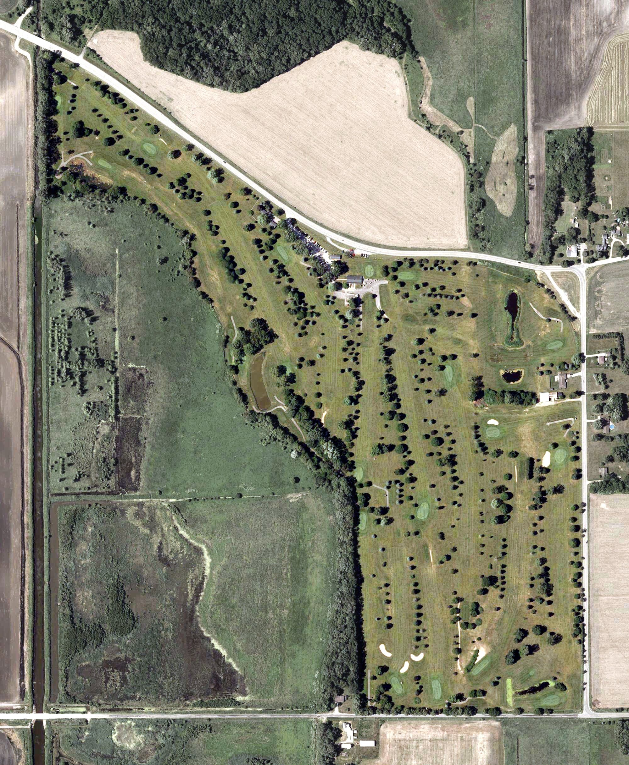 Aerial view of Whispering Pines Golf Course, IN, with its hole routing marked