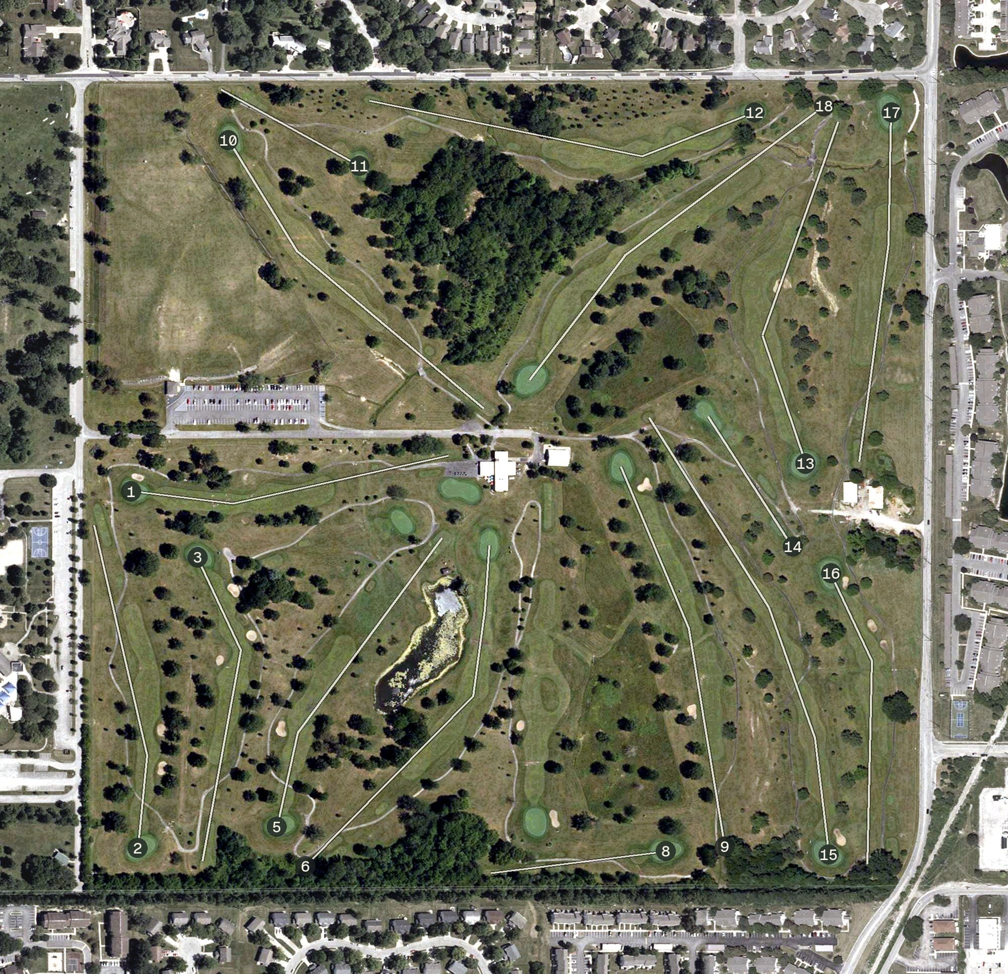 Aerial view of William S. Sahm Park Golf Course, IN, with its hole routing marked