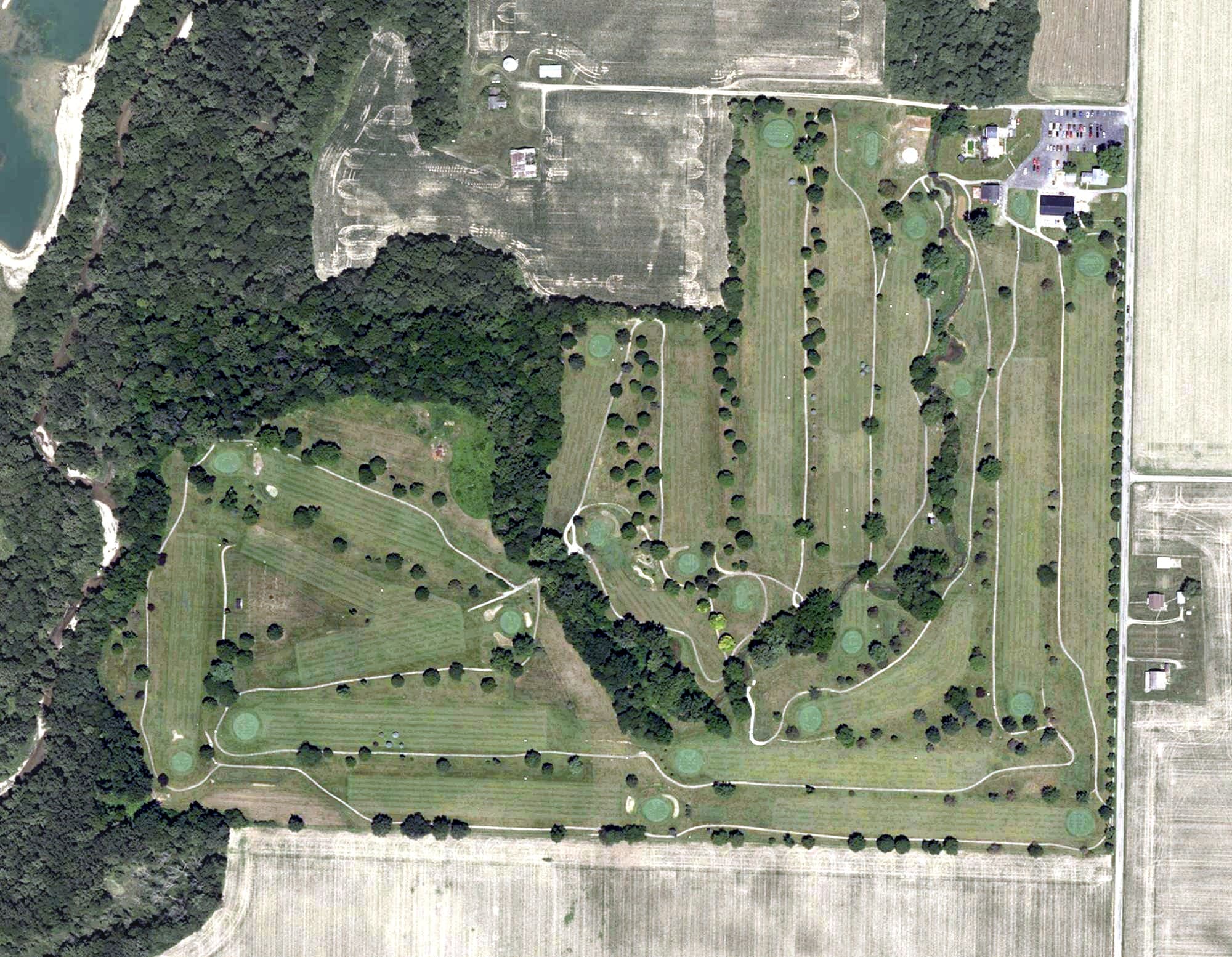 Aerial view of Winding Branch Golf Course, IN, with its hole routing marked