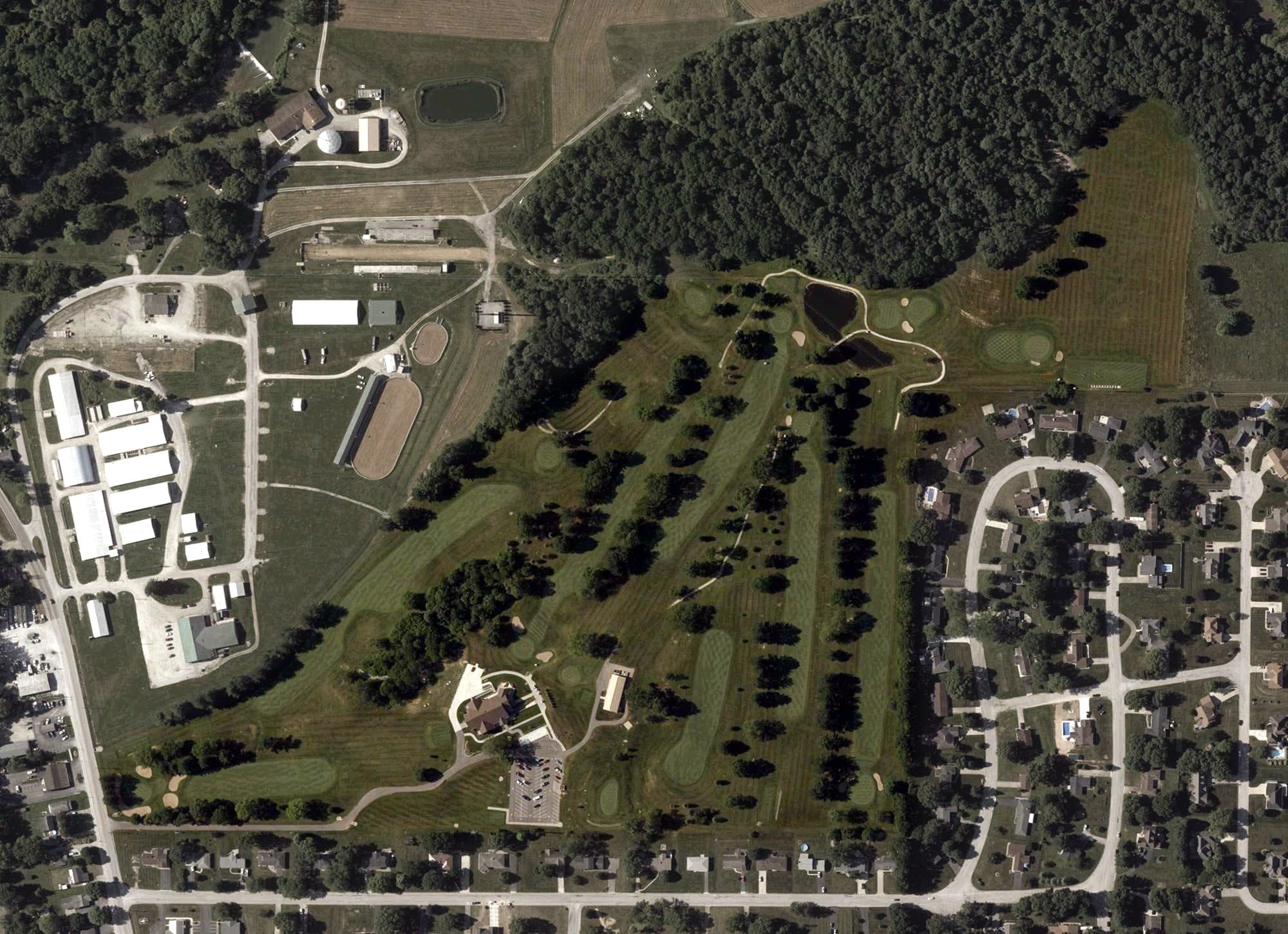 Aerial view of Windy Hill Country Club, IN, with its hole routing marked