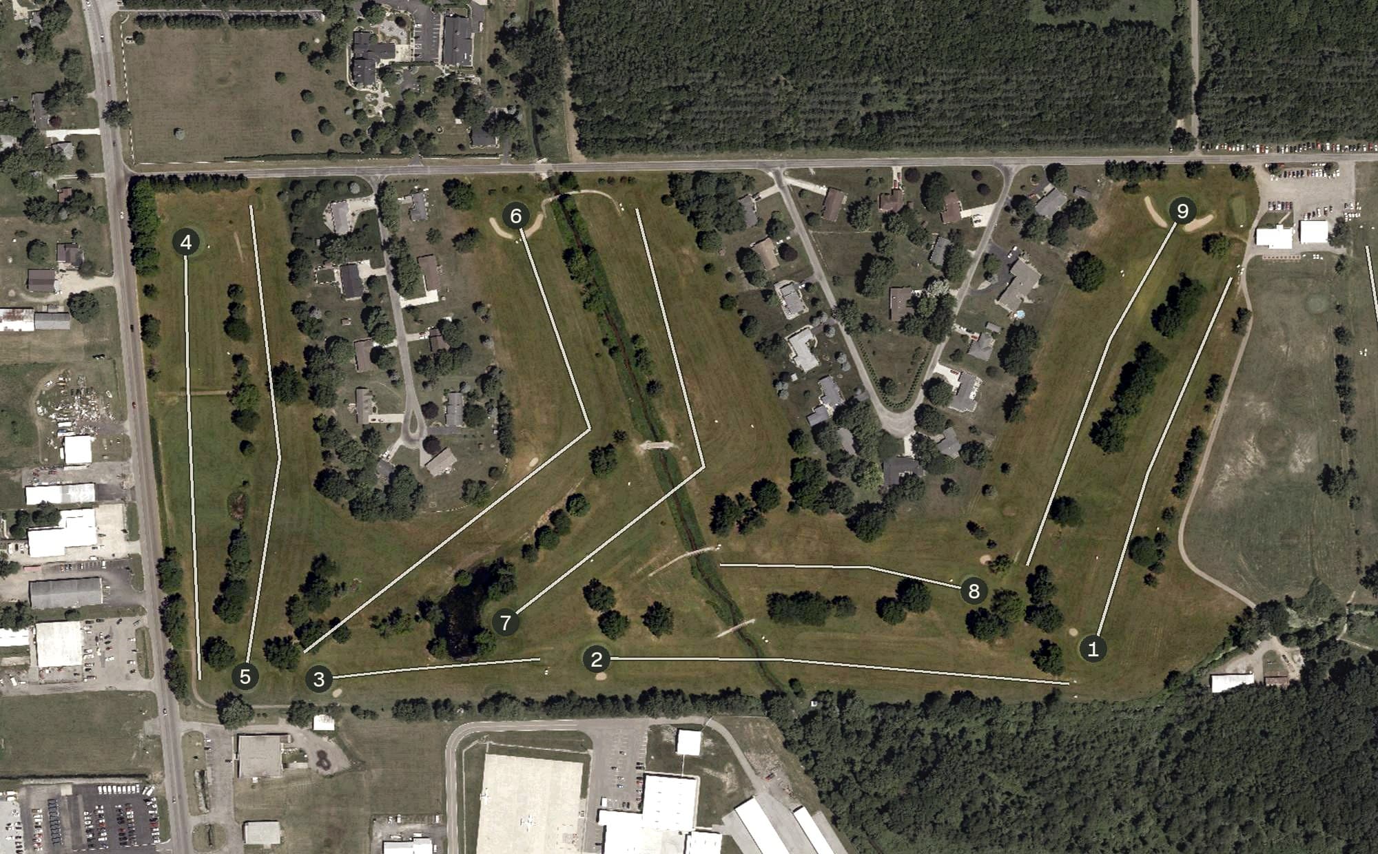 Aerial view of Woodbury Golf Course, IN, with its hole routing marked