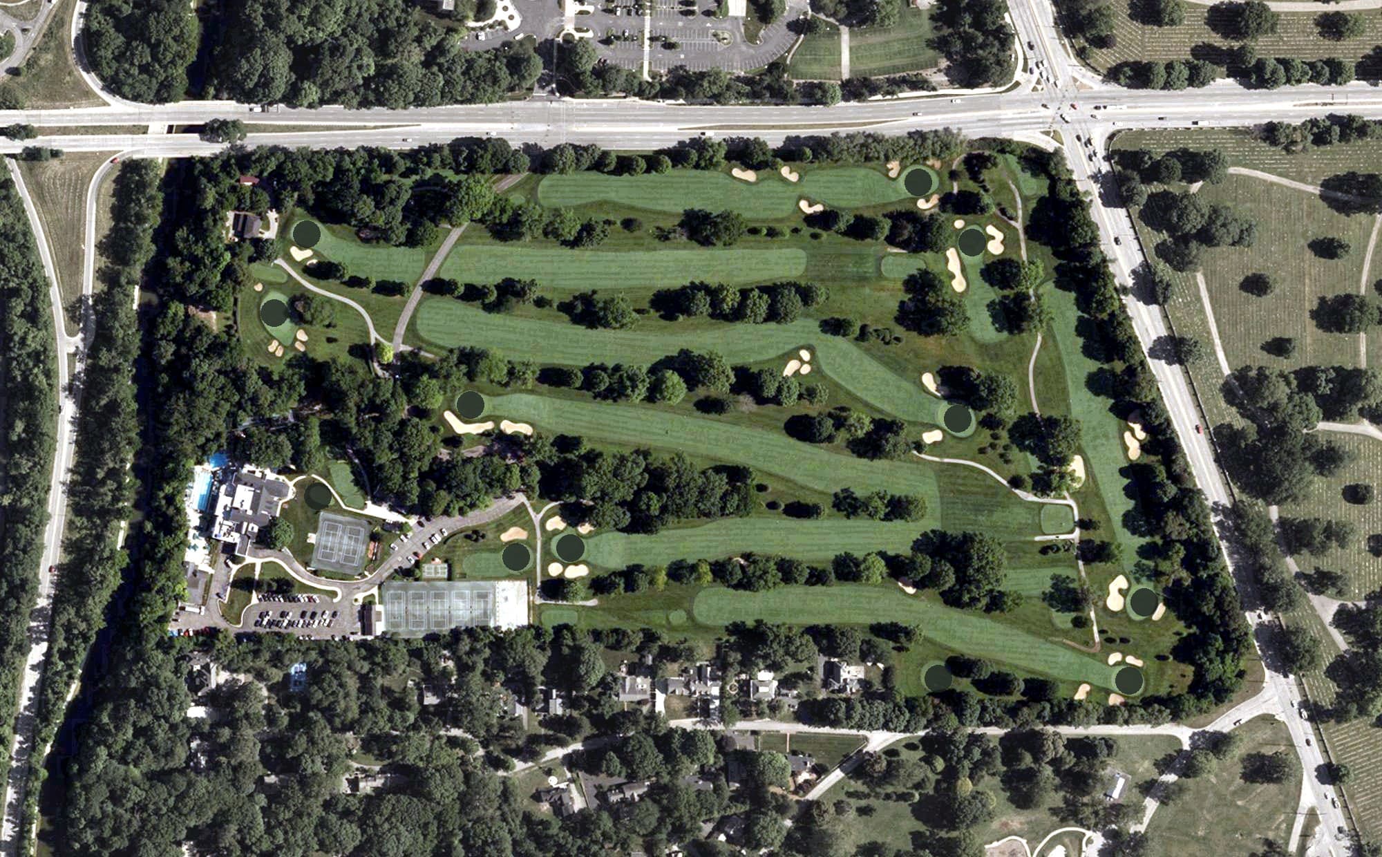 Aerial view of Woodstock Club, IN, with its hole routing marked