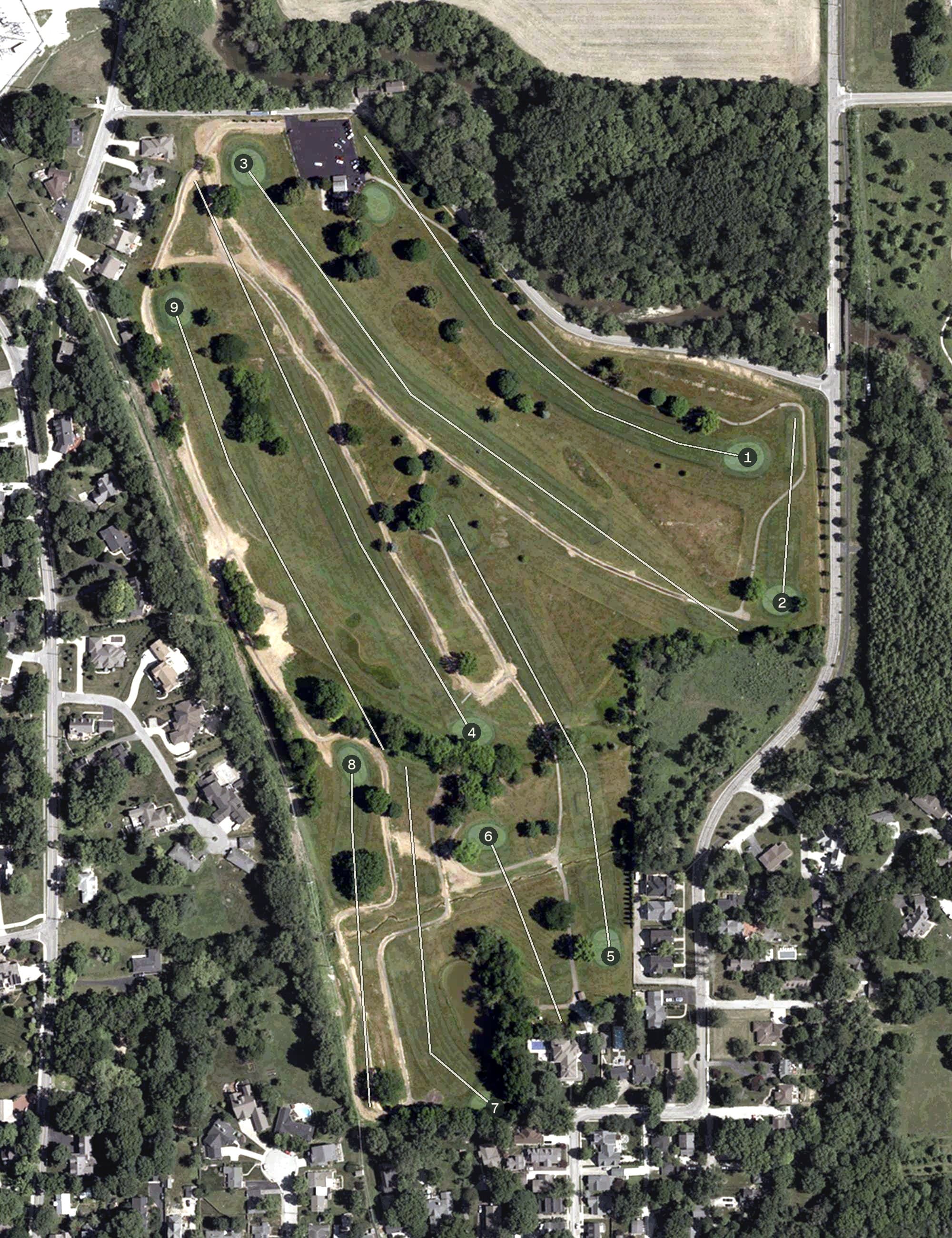 Aerial view of Zionsville Golf Course, IN, with its hole routing marked