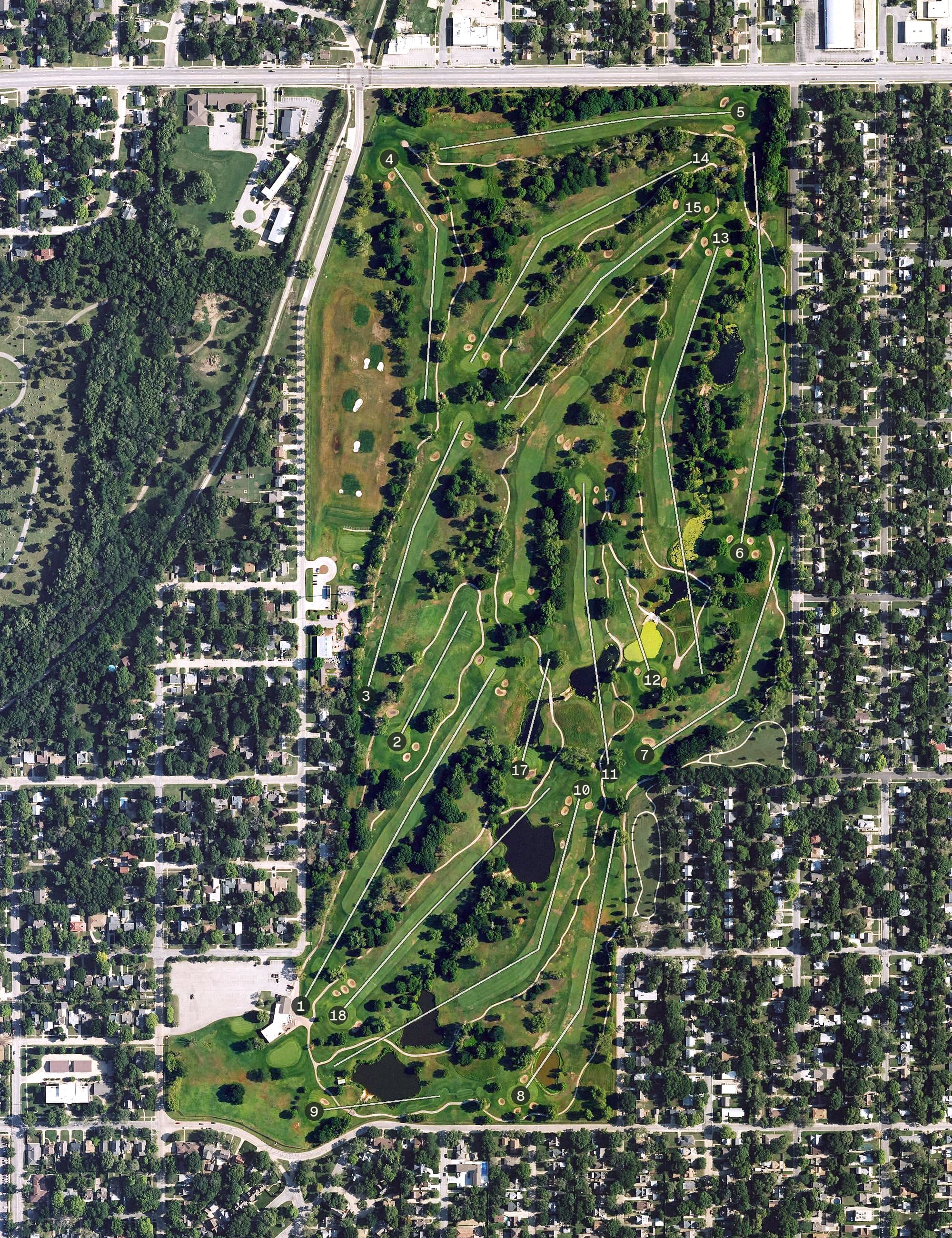 Aerial view of Alfred MacDonald Golf Course, KS, with its hole routing marked