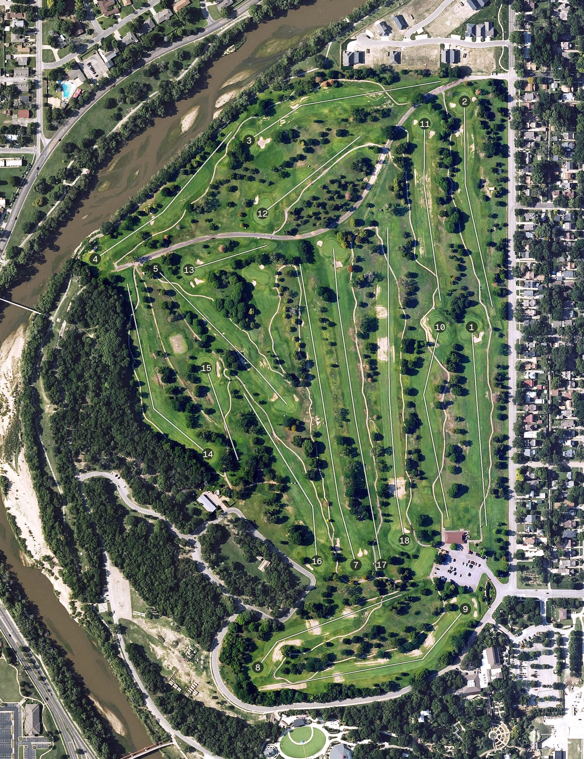 Aerial view of Arthur B. Sim Golf Course, KS, with its hole routing marked