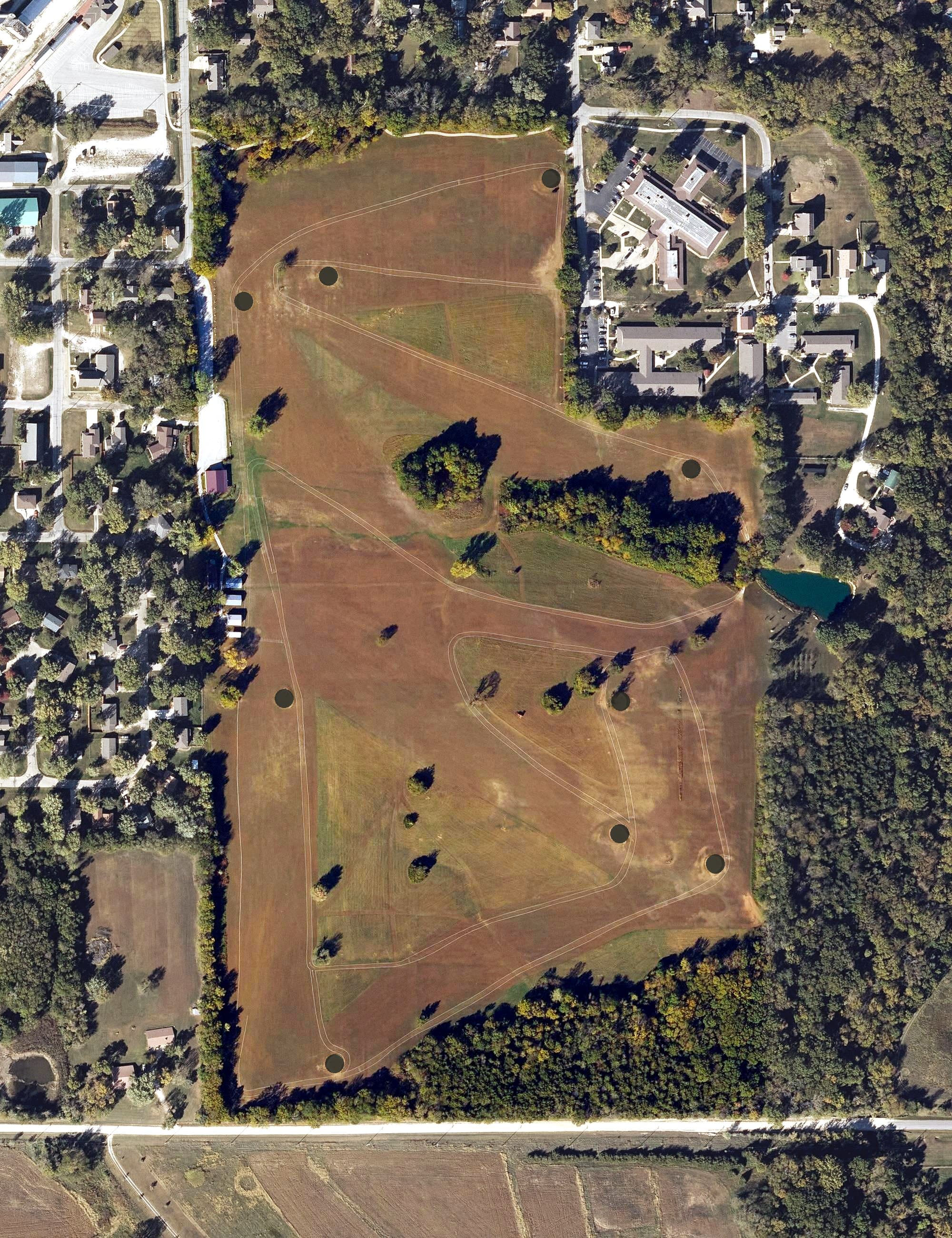 Aerial view of Baldwin Golf Course, KS, with its hole routing marked