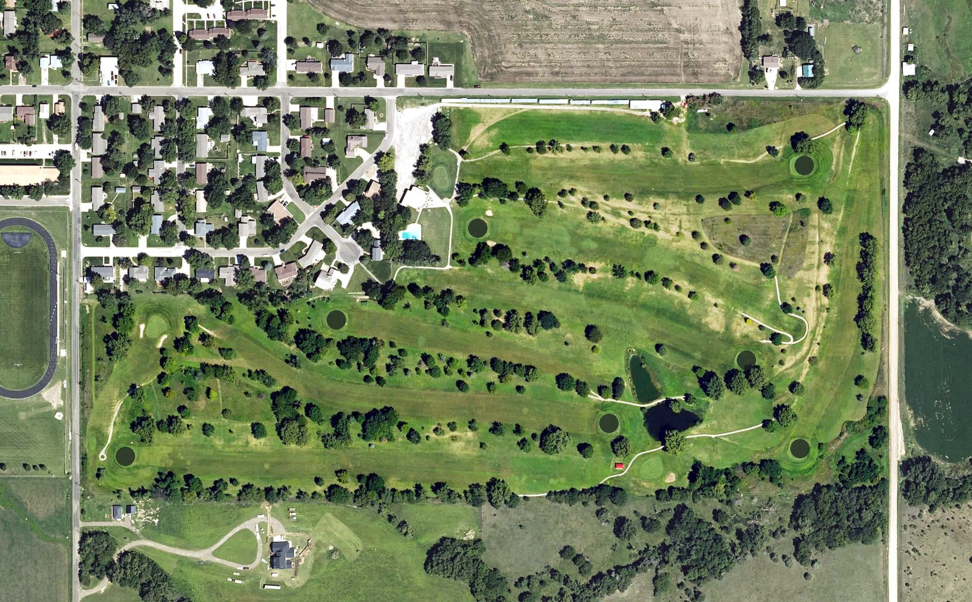 Aerial view of Belleville Country Club, KS, with its hole routing marked
