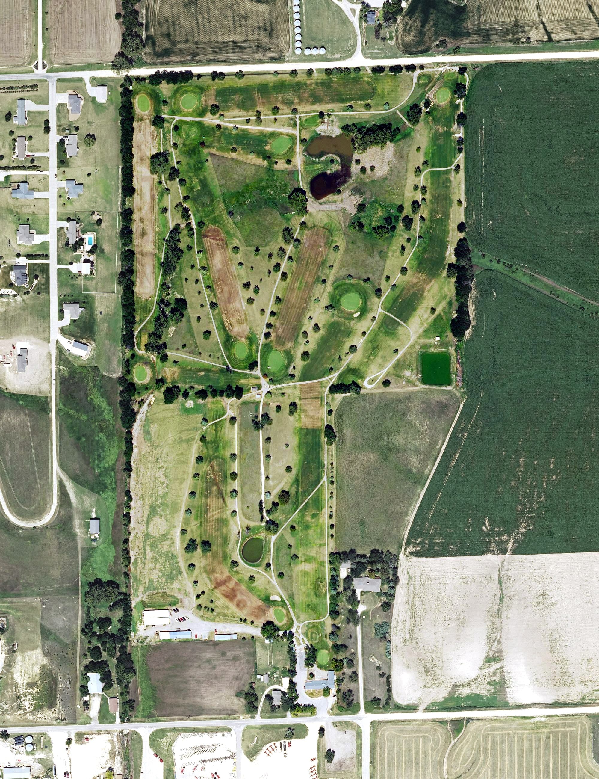 Aerial view of Beloit Country Club, KS, with its hole routing marked